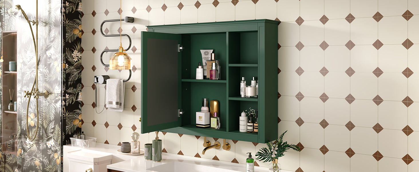 35'' X 27.5'' Medicine Cabinet, Wall Mounted Bathroom Storage Cabinet, Modern Bathroom Wall Cabinet With Mirror, Mirror Cabinet With 6 Open Shelves Not Include Bathroom Vanity Green 1 Bathroom Wall Mounted Modern Mdf Painted