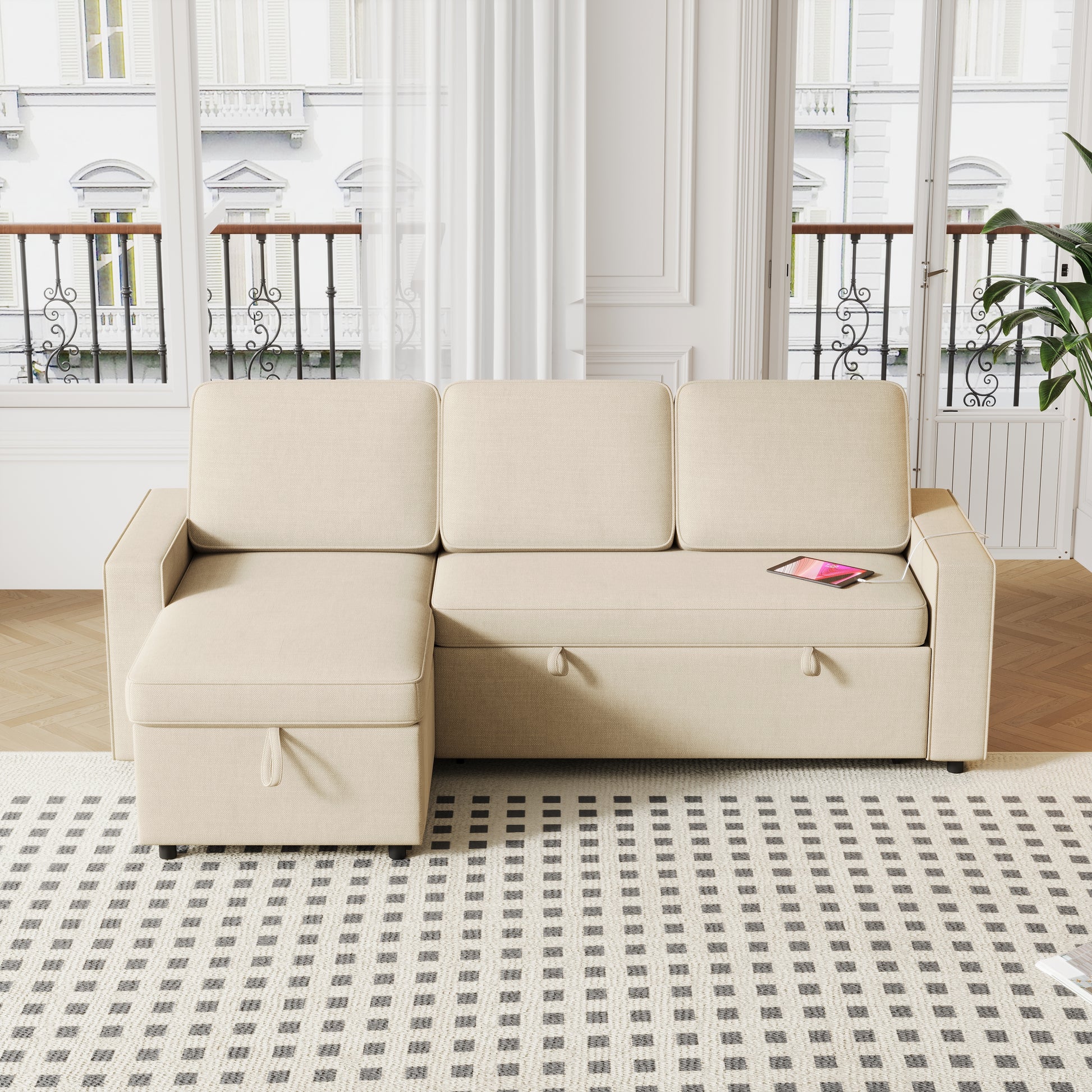 85.8" Pull Out Sleeper Sofa L Shaped Couch Convertible Sofa Bed With Storage Chaise And Storage Racks,With Usb Port And T Pyce Port Beige Fabric 3 Seat