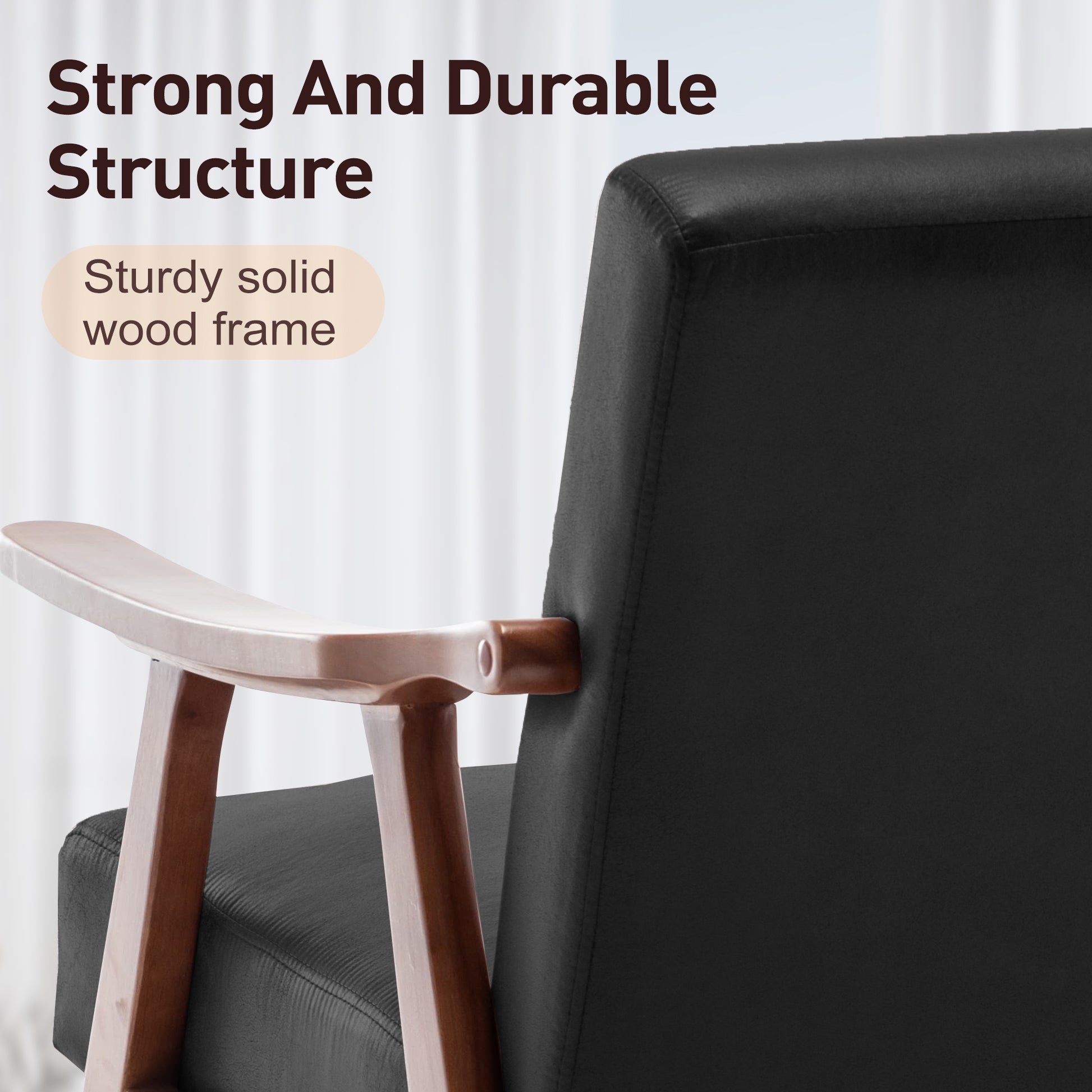 Mid Century Modern Chair, Living Room Chair With Solid Wood Frame, Accent Chair Extra Thick Backrest, Wingback Chair For Bedroom, Reading Room, Living Room, Lounge Chair Indoor Black Pu Primary Living Space Mid Century Modern Foam Pu Leather