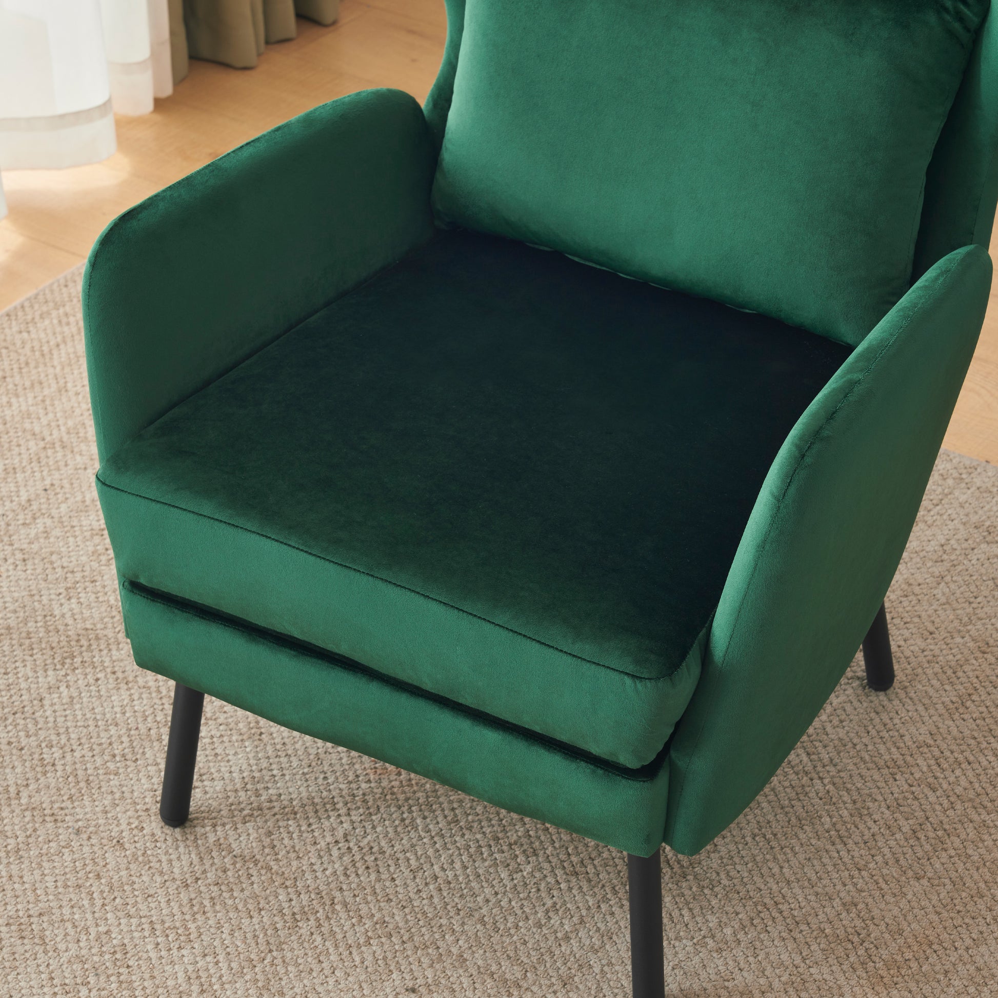Wing Back Velvet Accent Chair, Modern Living Room Armchair Comfy Upholstered Single Sofa Chair For Bedroom Dorms Reading Reception Room With Metal Legs & Pillow, Green Green Velvet