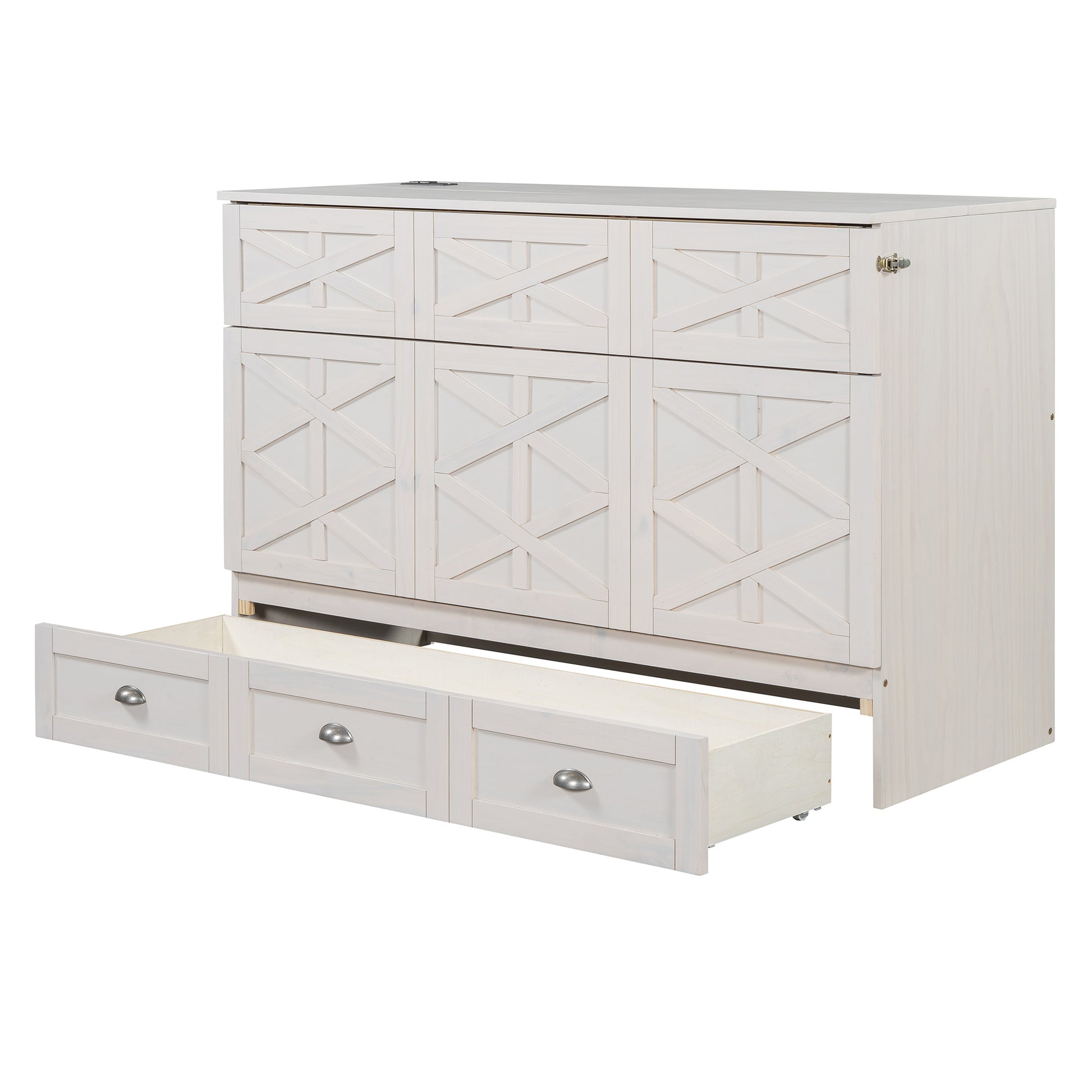 Queen Size Murphy Bed With Large Drawers,Brushed White Queen White Plywood