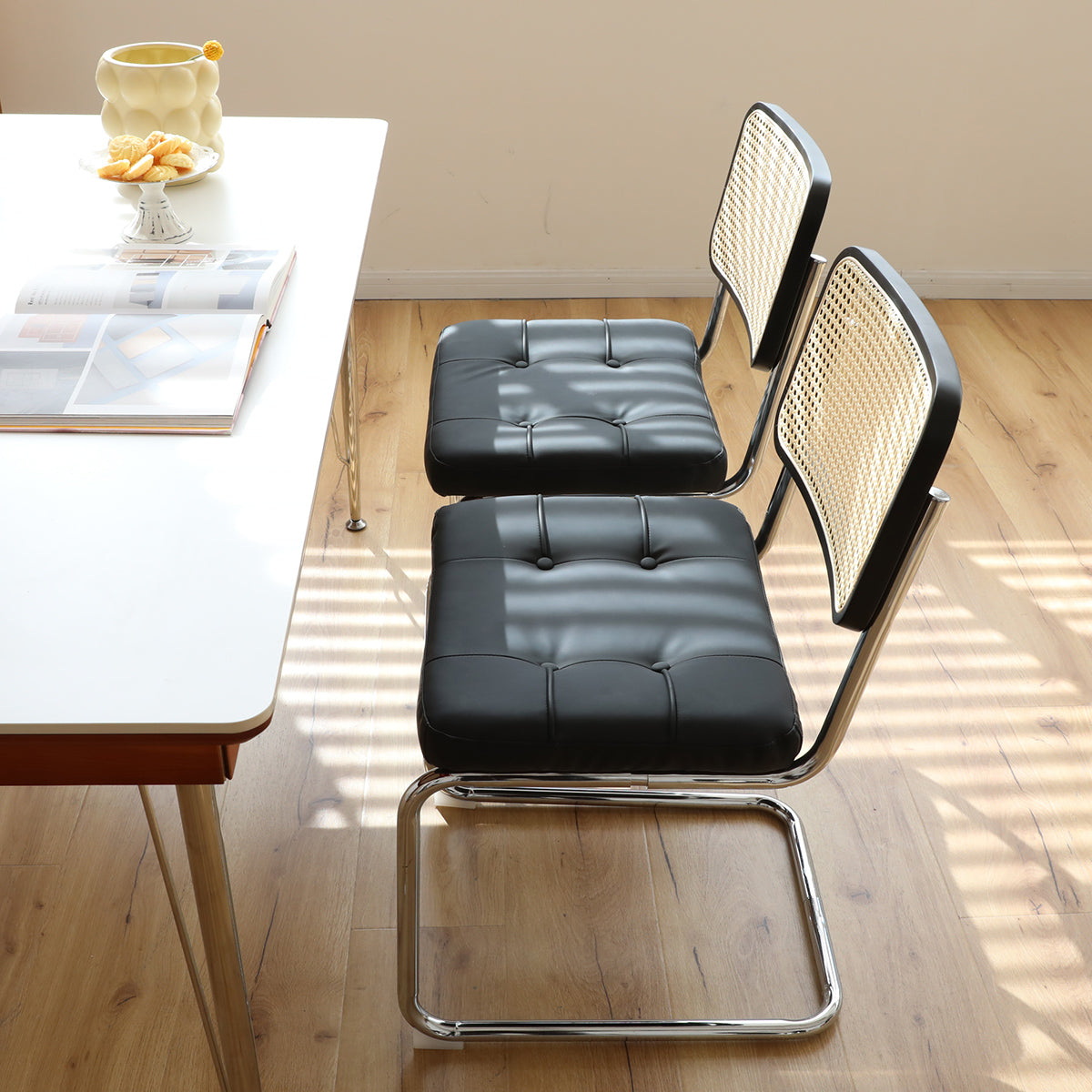 Dining Chairs Set Of 2, Fauex Leather Rattan Side Accent Chairs With Chrome Legs, Modern Mid Century Breuer Designed Chairs, Upholstered Dining Living Room Kitchen Chairs Black 2Pcs Black Faux