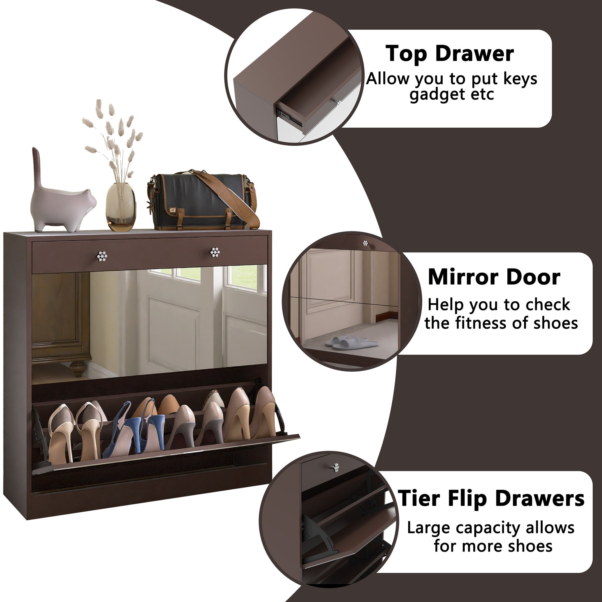 Mirror Shoe Cabinet With 2 Tier Drawers, Mirror Shoe Rack With 1 Drawer Storage, Mirror Shoe Organizer With 2 Layers In A Drawer For Entrance, Entryway, Bedroom,Brown Finish 1 2 Drawers Brown Brown Primary Living Space Glass Doors Mdf Glass