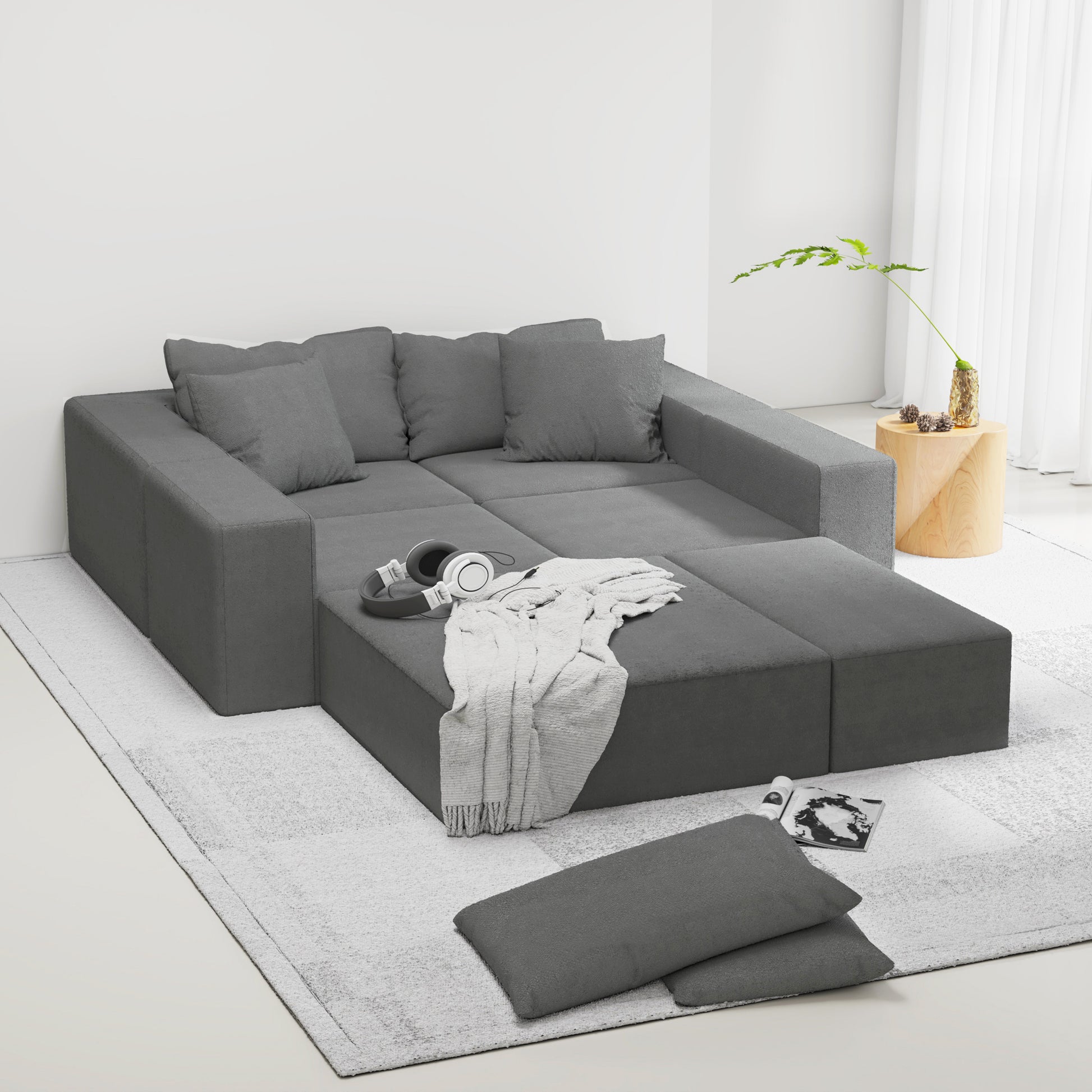 Modern Upholstered Sectional Sofa Couch Set,Modular 132" L Shaped Sectional Living Room Sofa Set With 6 Pillows,Free Combination Sofa Couch For Living Room,Bedroom Grey Foam Chenille 6 Seat