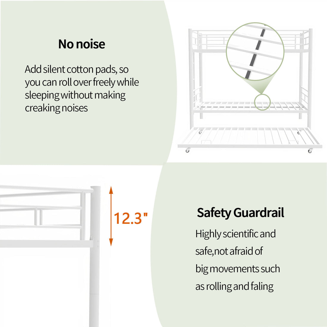 Heavy Duty Sturdy Meta Twin Over Twin With Trundle Bunk Bed L Noise Reduced Safety Guardrail No Box Spring Needed,White Box Spring Not Required Twin White Metal