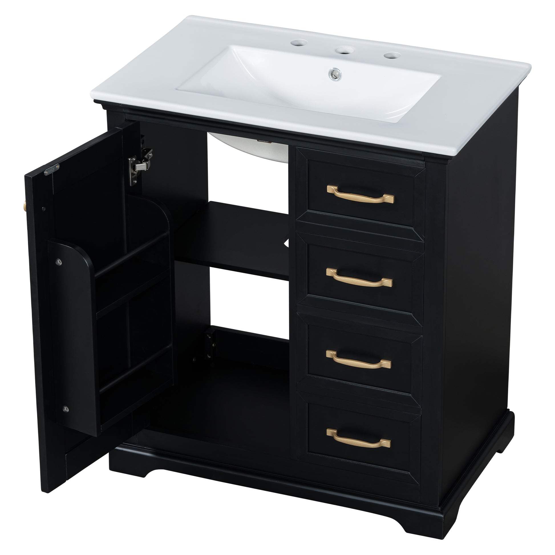 30" Bathroom Vanity With Sink, One Package, Black Bathroom Cabinet With Drawers, Solid Frame And Mdf Board Black Solid Wood Mdf