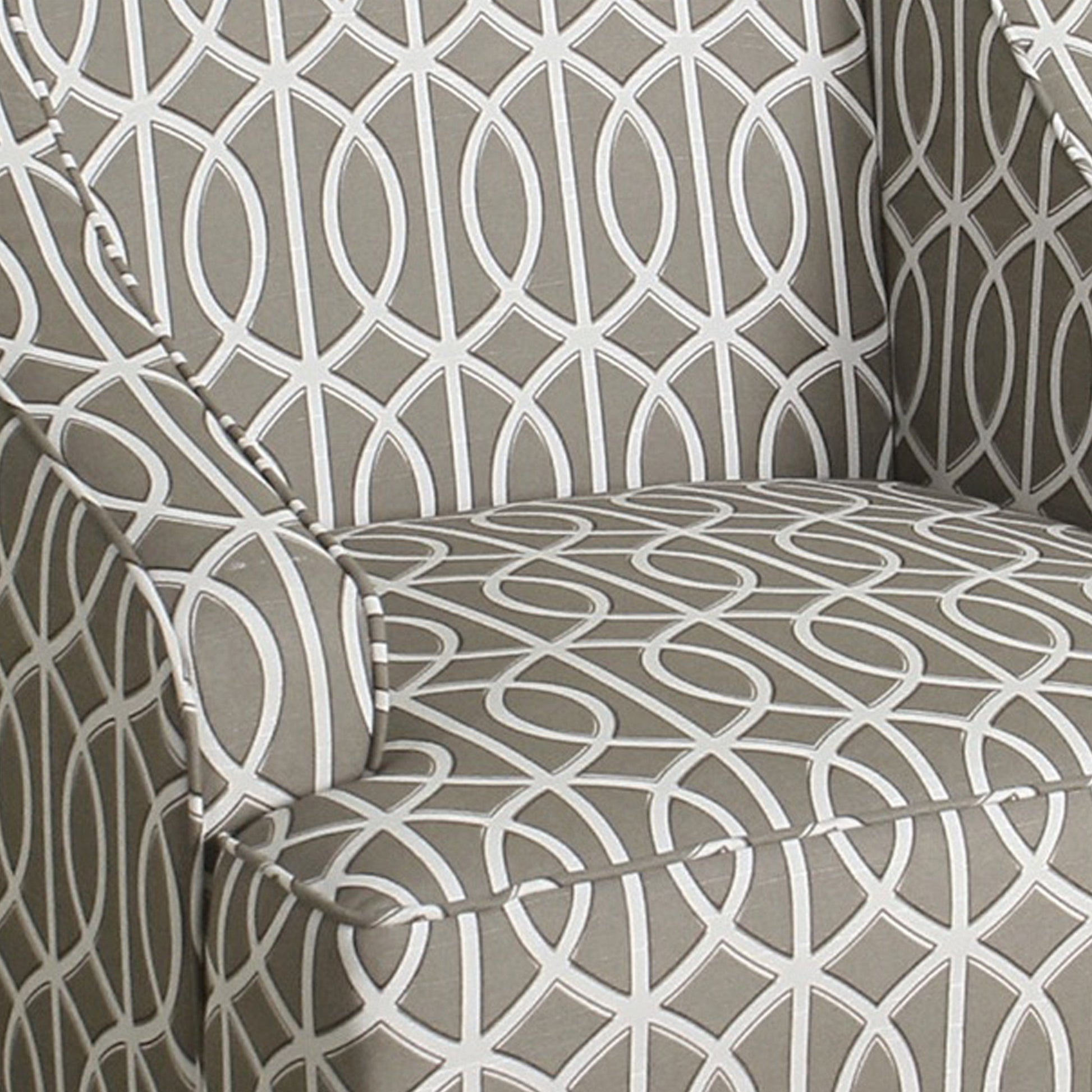 Fabric Upholstered Wooden Accent Chair With Trellis Pattern Design, Gray, White And Brown Grey Brown Wood Fabric