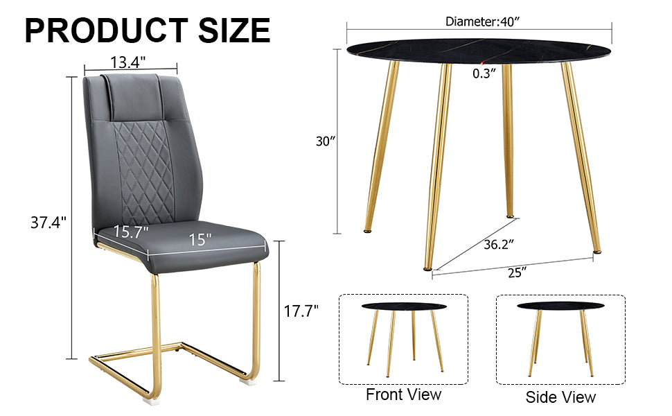 1 Table And 4 Chairs, A Modern Minimalist Circular Dining Table With A 40 Inch Black Imitation Marble Glass Tabletop And Gold Plated Metal Legs, And 4 Modern Gold Plated Metal Leg Chairs. Black Gold Seats 4 Glass