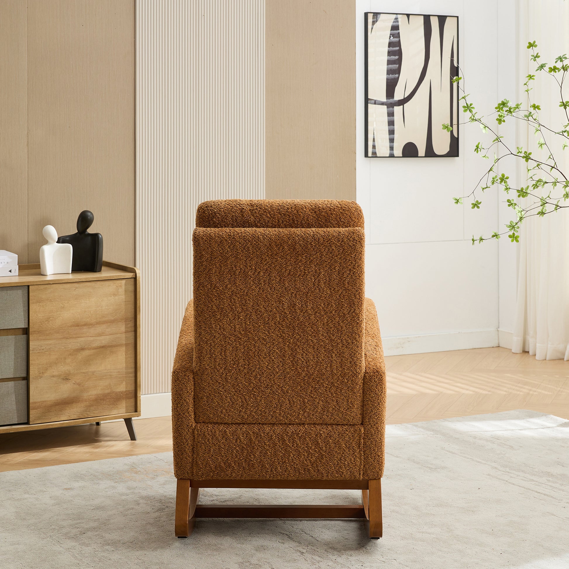 25.4"W Rocking Chair For Nursery, High Back Glider Chair With Retractable Footrest, Side Pocket, Rocking Accent Armchair With Rubber Wood Legs For Living Room Bedroom.Caramel Caramel Boucle