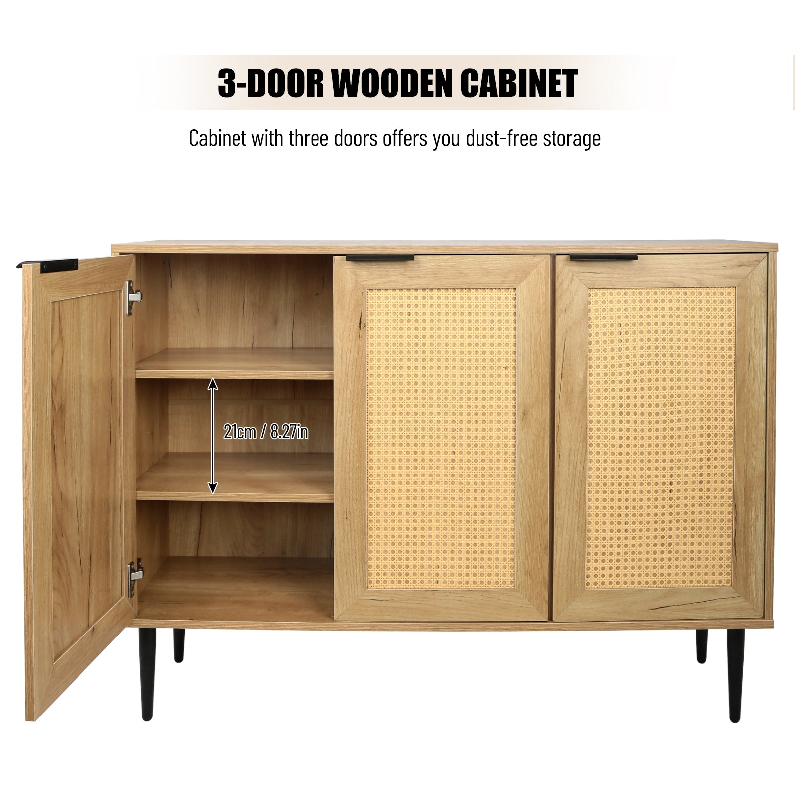 47.24 '' Wide Elegant Kitchen Buffet Storage Cabinet With 3 Rattan Doors For Bedroom Living Room Kitchen Cupboard Wooden Furniture With 3 Tier Shelving ,Natural Color Natural Particle Board