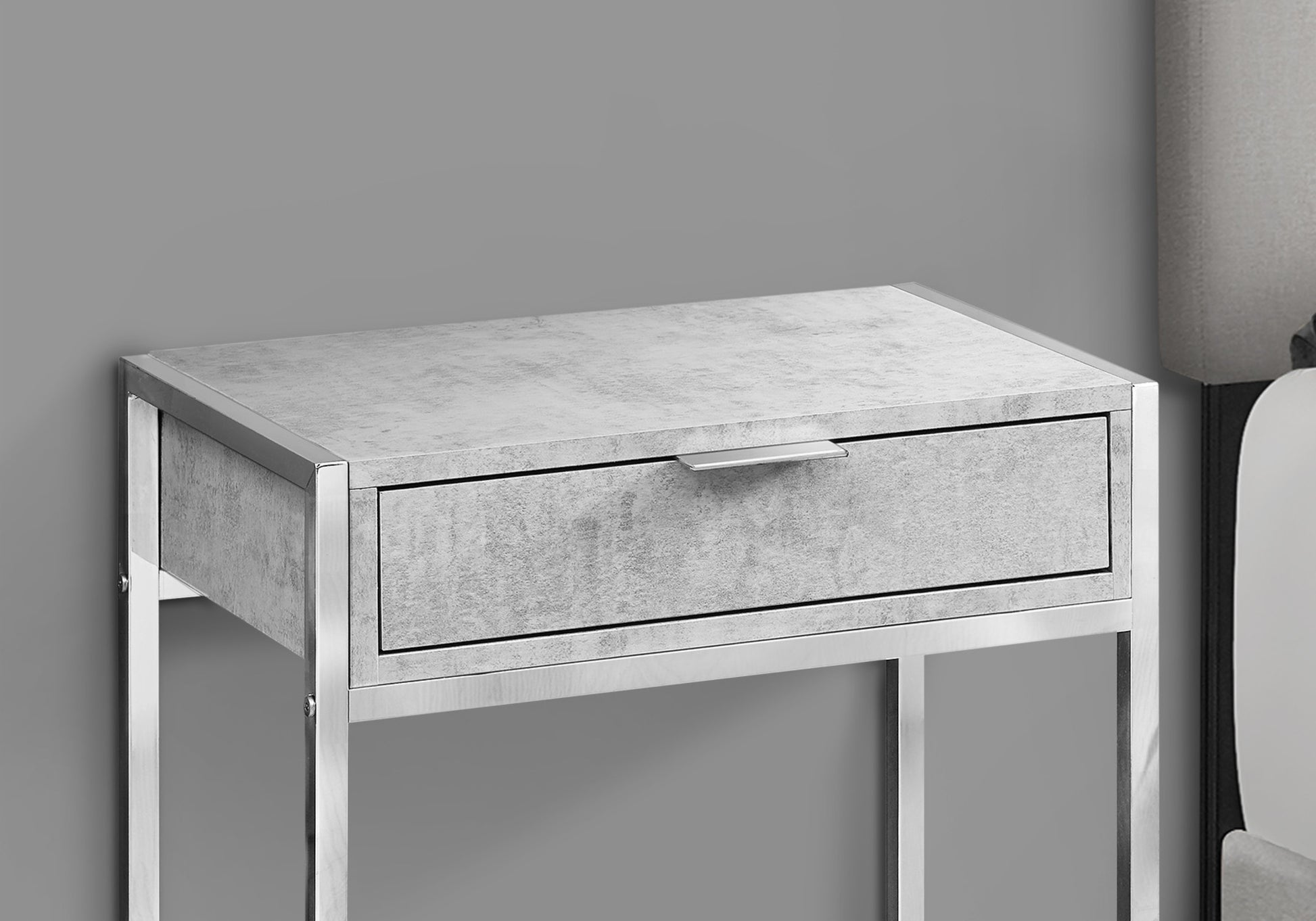 Accent Table, Side, End, Nightstand, Lamp, Storage Drawer, Living Room, Bedroom, Grey Laminate, Chrome Metal, Contemporary, Modern Grey Particle Board