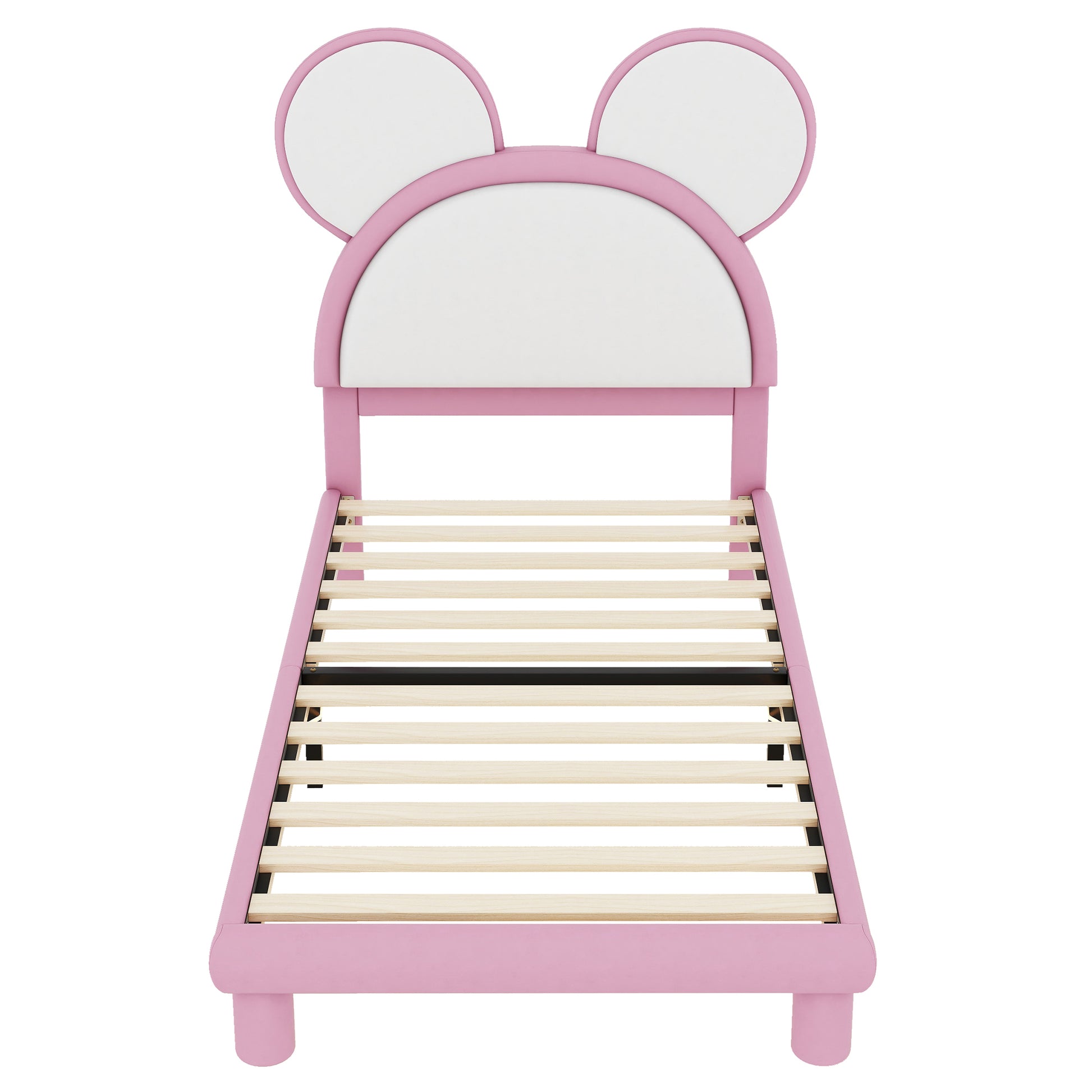 Twin Size Upholstered Platform Bed With Cartoon Ears Shaped Headboard And Led, White&Pink Box Spring Not Required Twin White Pink Bedroom Bed Frame Faux Leather Upholstered