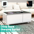 Modern Smart Coffee Table With Built In Fridge, Bluetooth Speaker, Wireless Charging, Touch Control Panel, Usb Ports, Outlet Protection, Atmosphere Light, White White Built In Outlets Or Usb Primary Living Space Freestanding Rectangular Drawers Coffee &