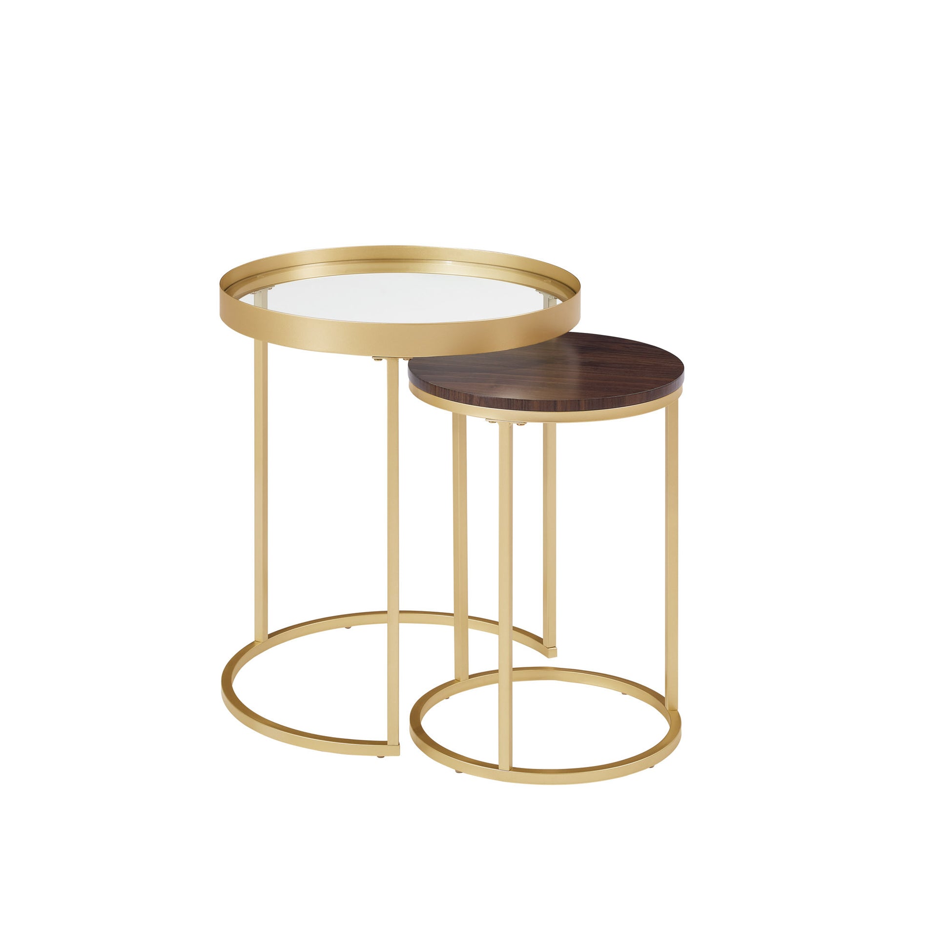 Contemporary Gold Metal Nesting Side Tables Dark Walnut Pale Gold Dark Brown Mdf