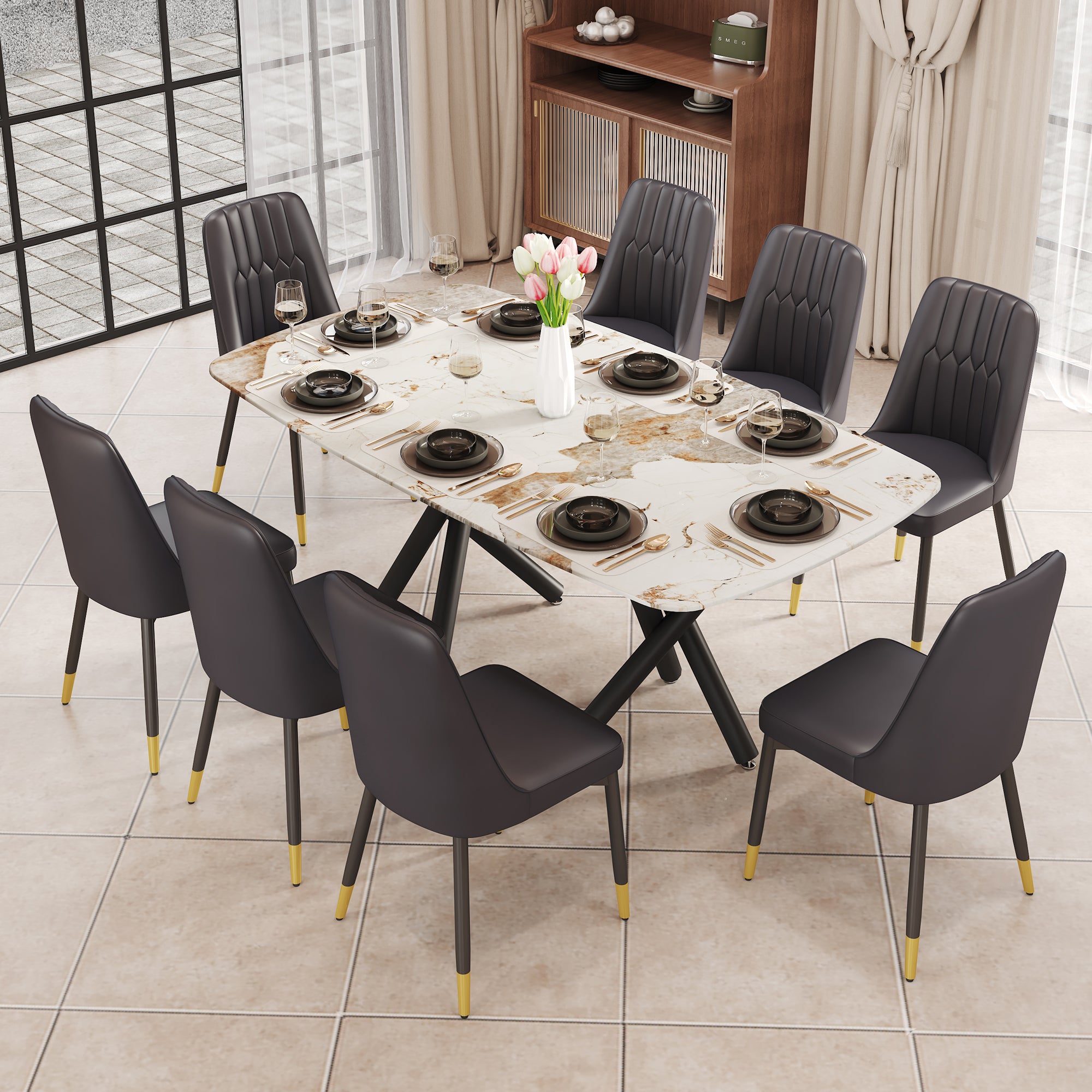 1 Table And 8 Chairs Set.A Rectangular Dining Table With A 0.39 Inch Imitation Marble Tabletop And Black Metal Legs.Paired With 8 Chairs With Pu Leather Seat Cushion And Black Metal Legs.F 1538,C 007 Black Glass Metal