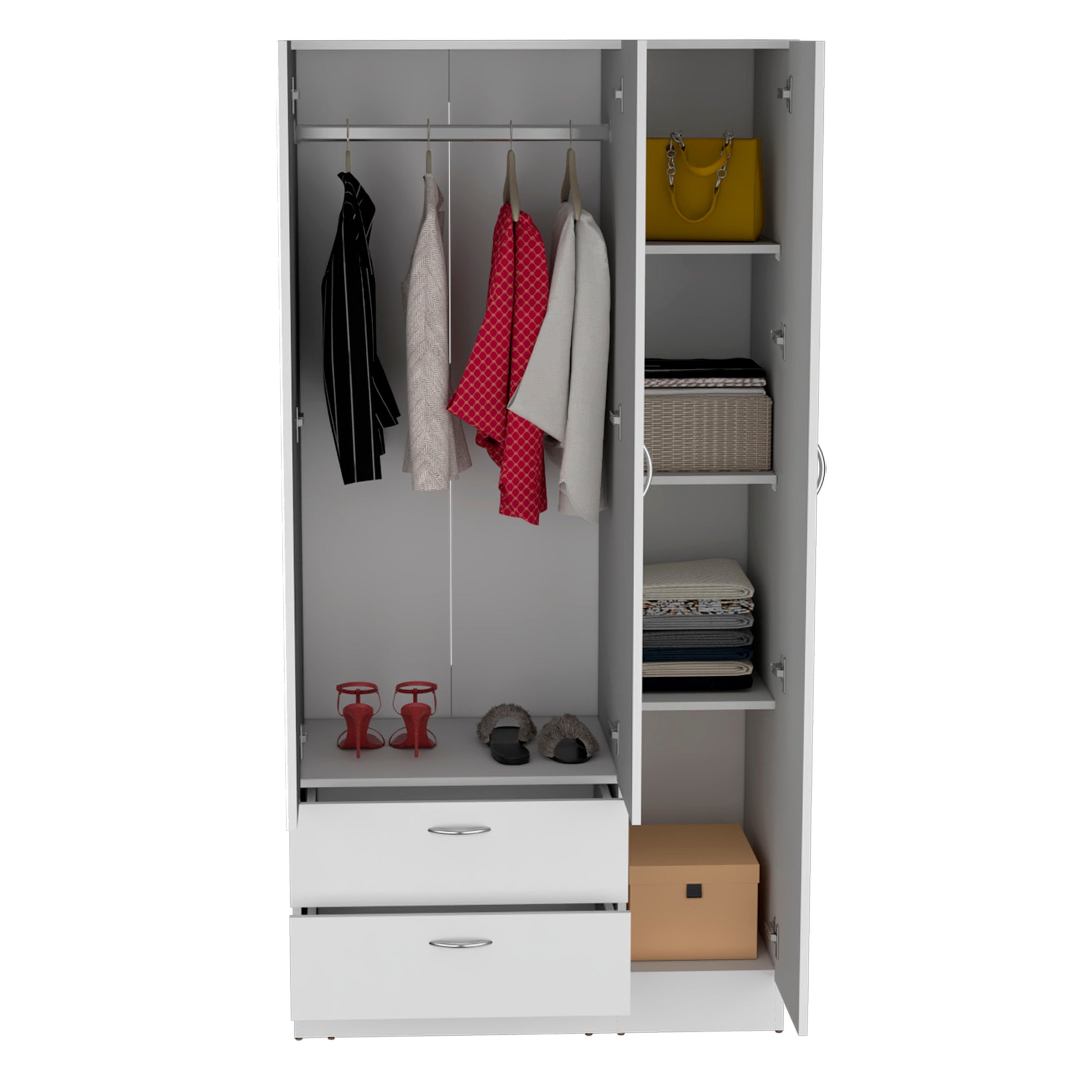 Riverside 3 Door Mirrored Armoire With Two Drawers, Four Shelves, And Hanging Rod White White Bedroom Particle Board