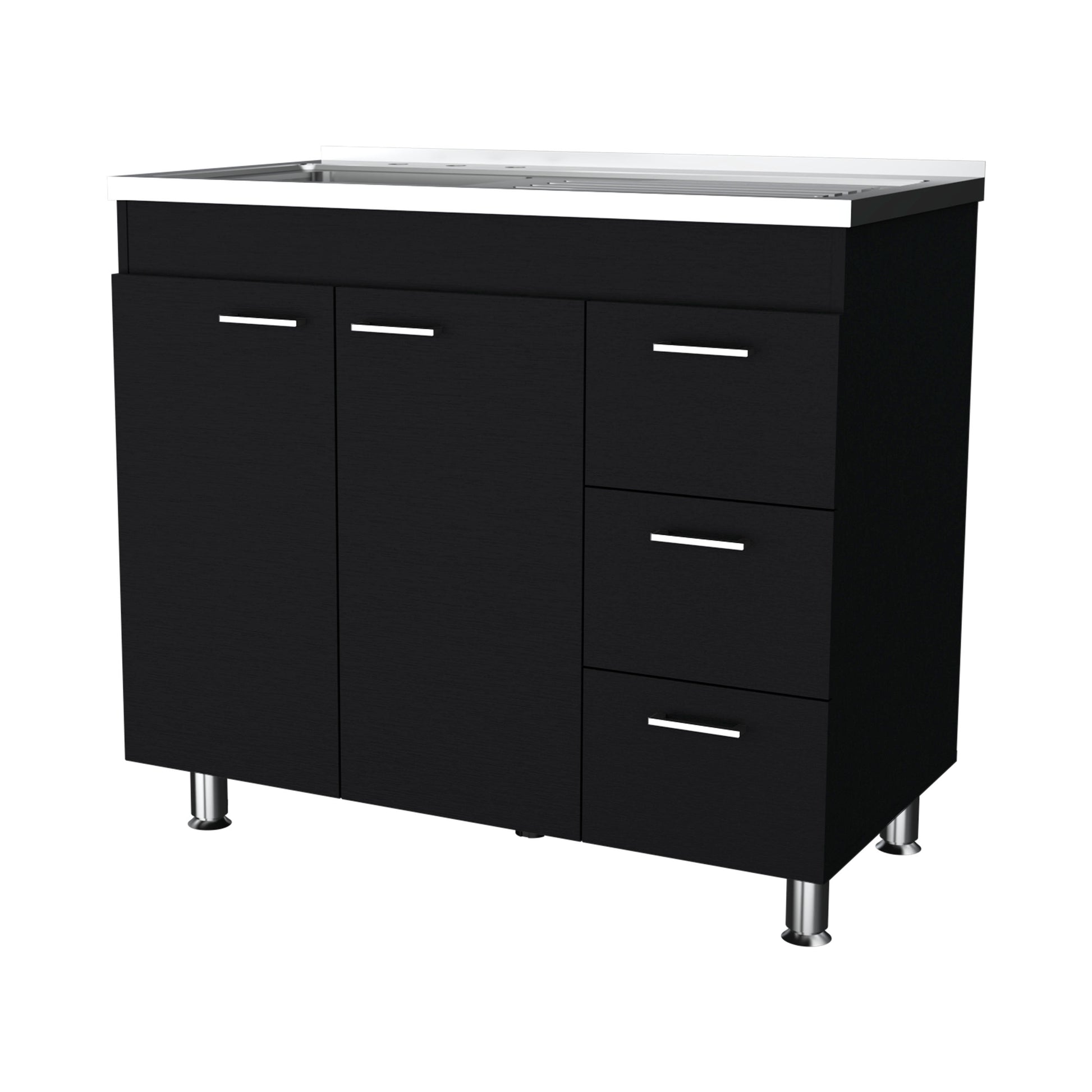 Darien Melamine Base Cabinet, Three Drawers And Stainless Steel Top. Black Kitchen Contemporary Pine Particle Board Melamine