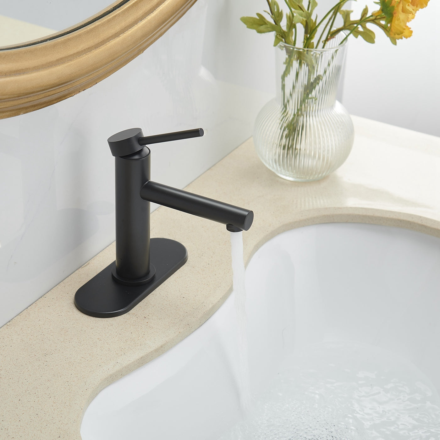 Modern Matte Black Single Handle Bathroom Faucet With Drain Matte Black Brass