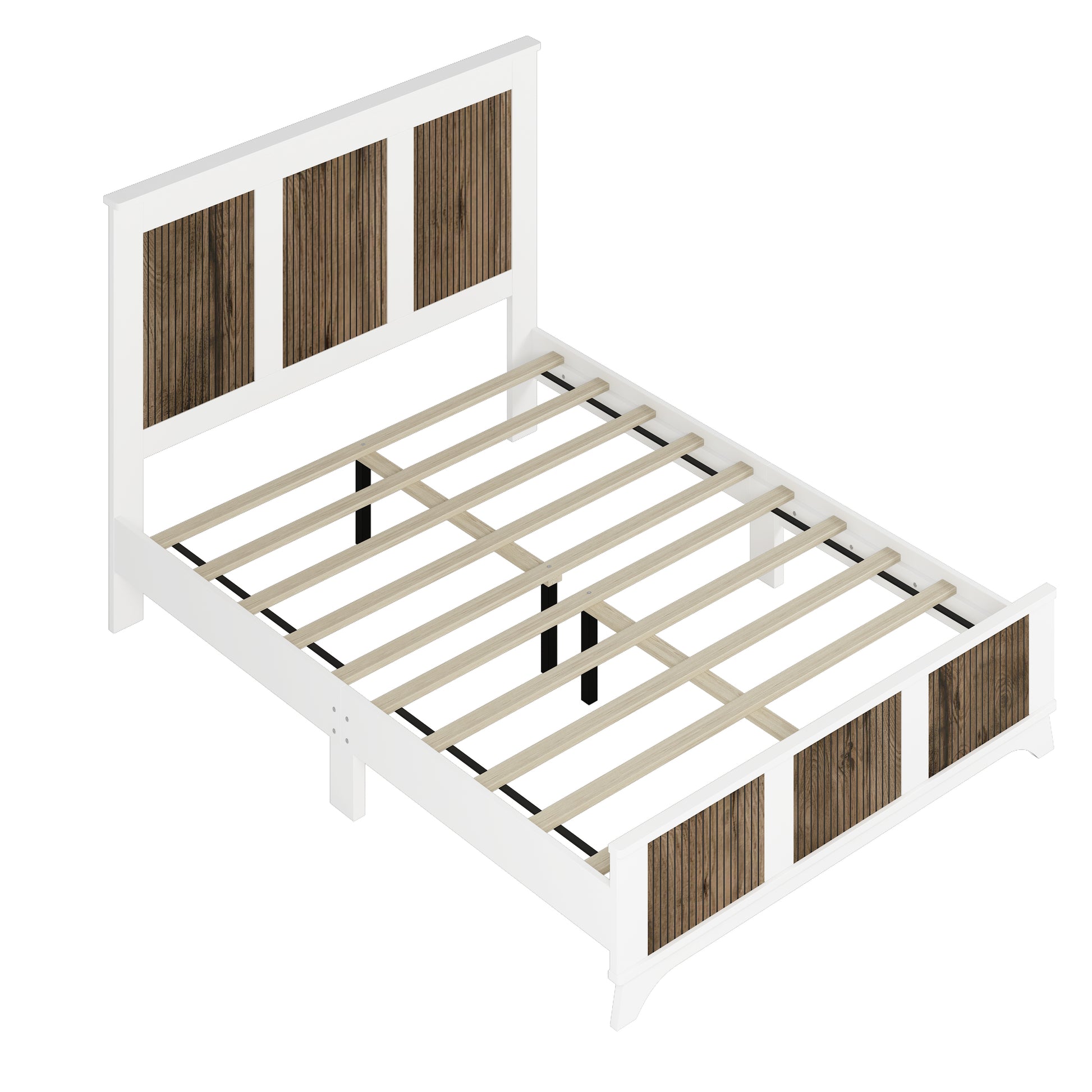 Farmhouse Wooden Platform Queen Size Bed, Modern Platform Bed With Wooden Strip Decoration, Plywood Slats Support, White Queen White Particle Board