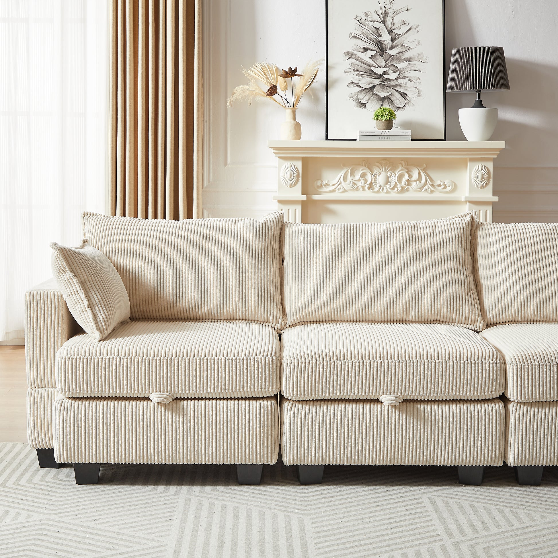 113.5'' Modular Sectiona Corduroy Sofa, Sectional Couches For Living Room U Shaped Sectional Couch With Storage Ottoman, 6 Seats Convertible Sectionals With Chaise Beige Corduroy 3 Seat