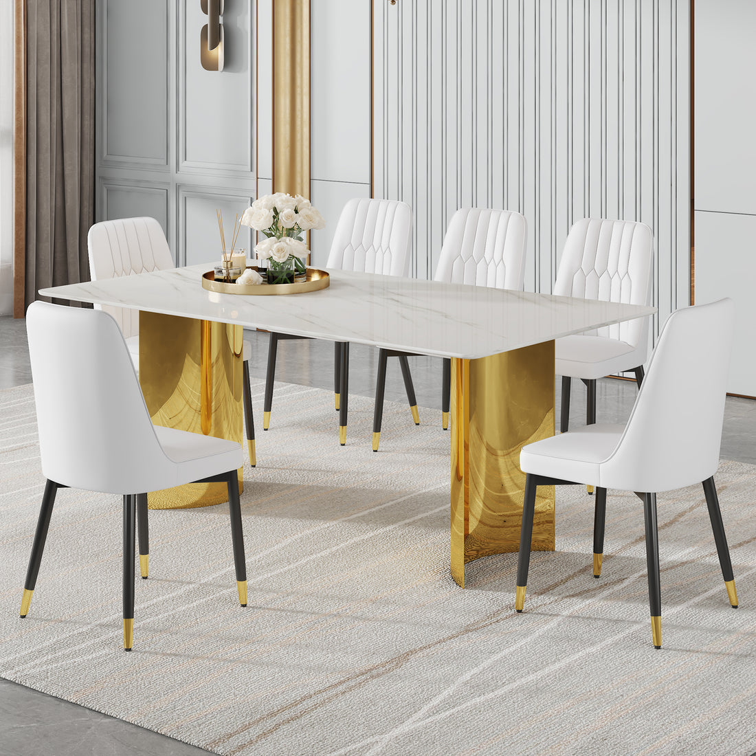 Table And Chair Set.The Table Has A Glass Top With Imitation Marble Pattern Stickers And Stainless Steel Golden Legs. Paried With Chairs With Pu Artificial Leather Backrest Cushions And Black Legs. White Gold Seats 6 Glass Metal