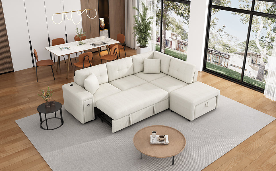 86.6" Sectional Sofa L Shaped Sofa Couch Pull Out Sofa Bed With A Movable Ottoman, Two Usb Ports And Two Cup Holders For Living Room, Beige Beige Foam Chenille 4 Seat