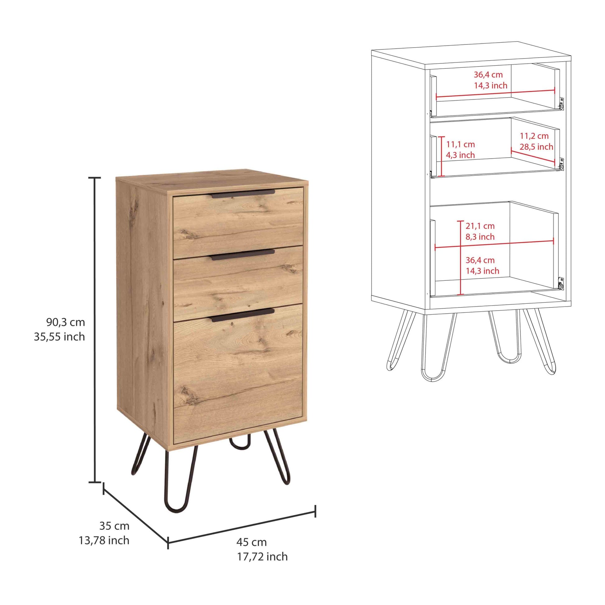 Augusta Light Dresser, Hairpin Legs, Superior Top,Three Drawers Light Oak Beige Bedroom Modern Particle Board Particle Board