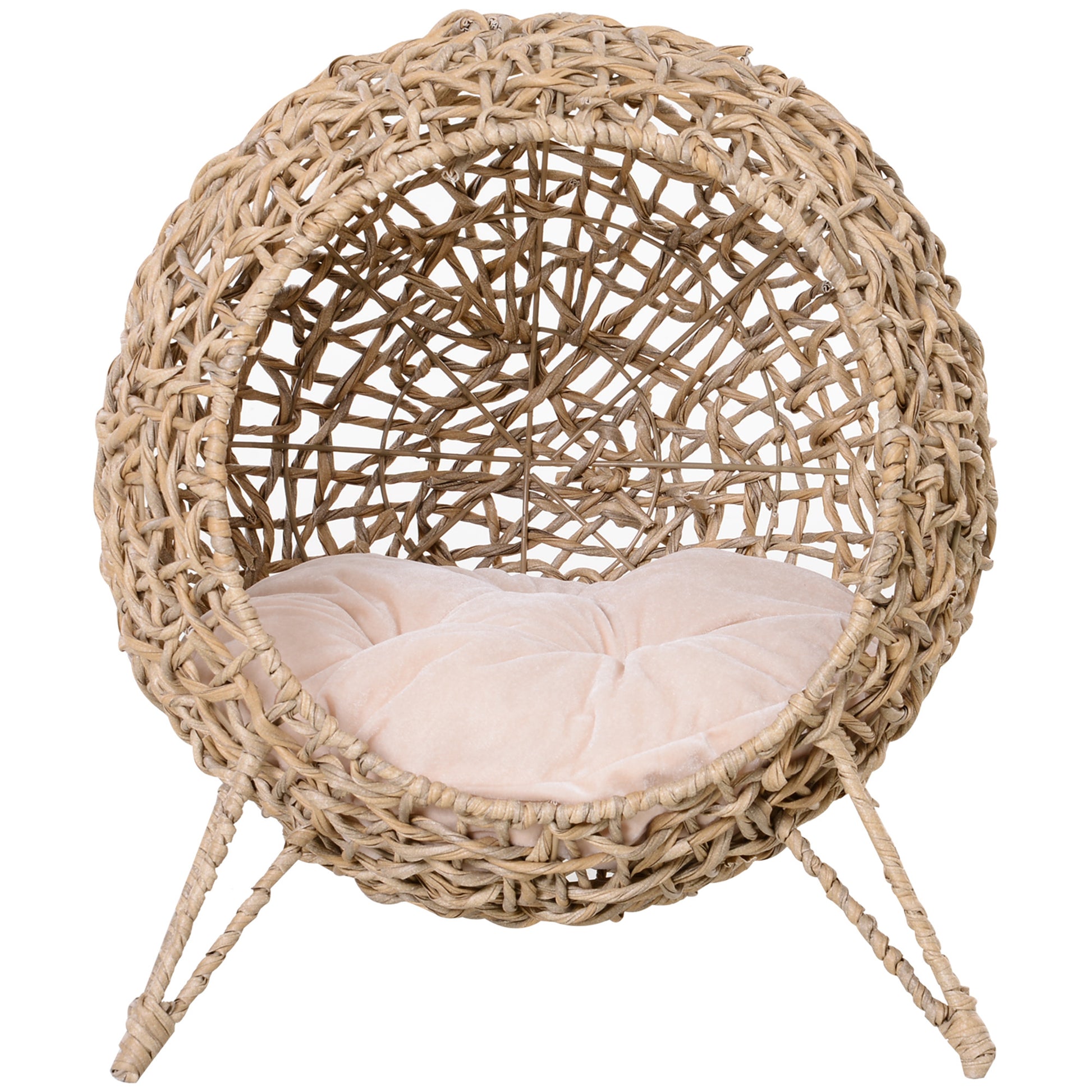 Pawhut 20.5" Weaved Cat Bed, Elevated Hand Woven Braided Banana Leaf Kitten House Condo With Cushion, Beige Beige Rattan