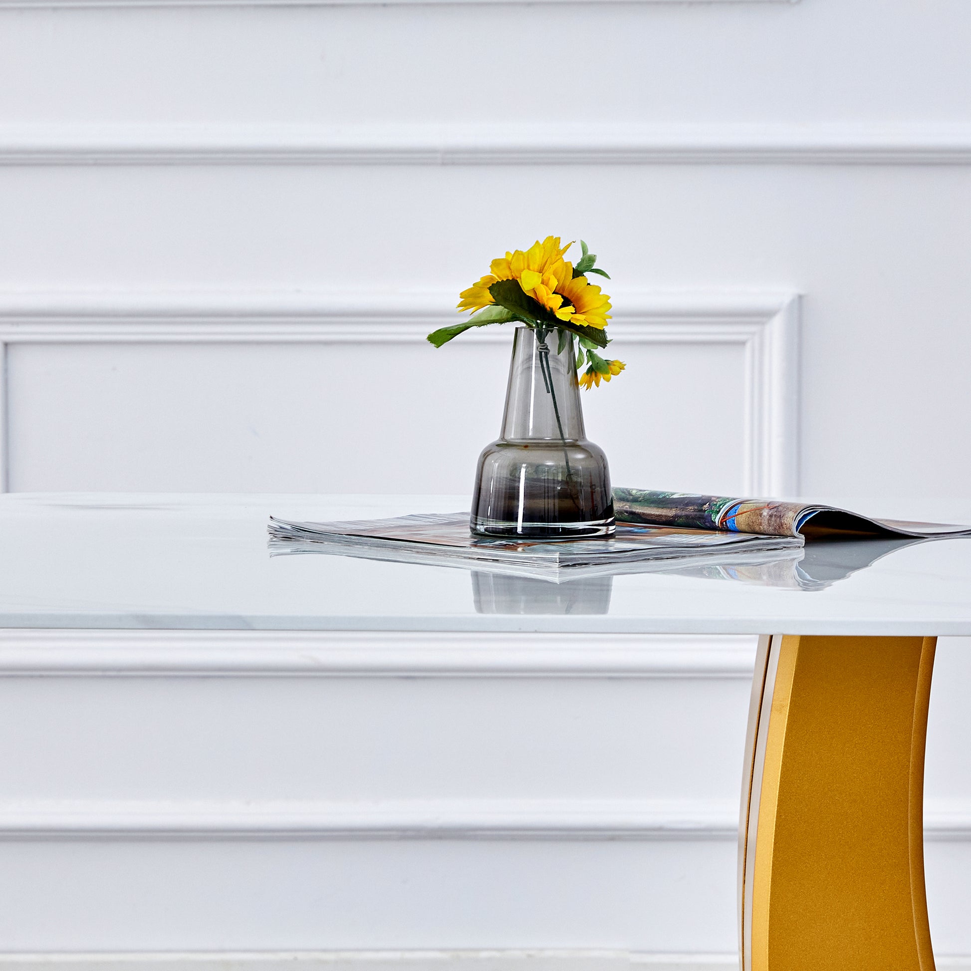 Table And Chair Set, Modern Minimalism And Luxurious White Rectangular Pattern Dining Table. Soft And Comfortable Dining Chairs For Dining Rooms, Living Rooms, Terraces And Kitchens. White Seats 6 Mdf Glass