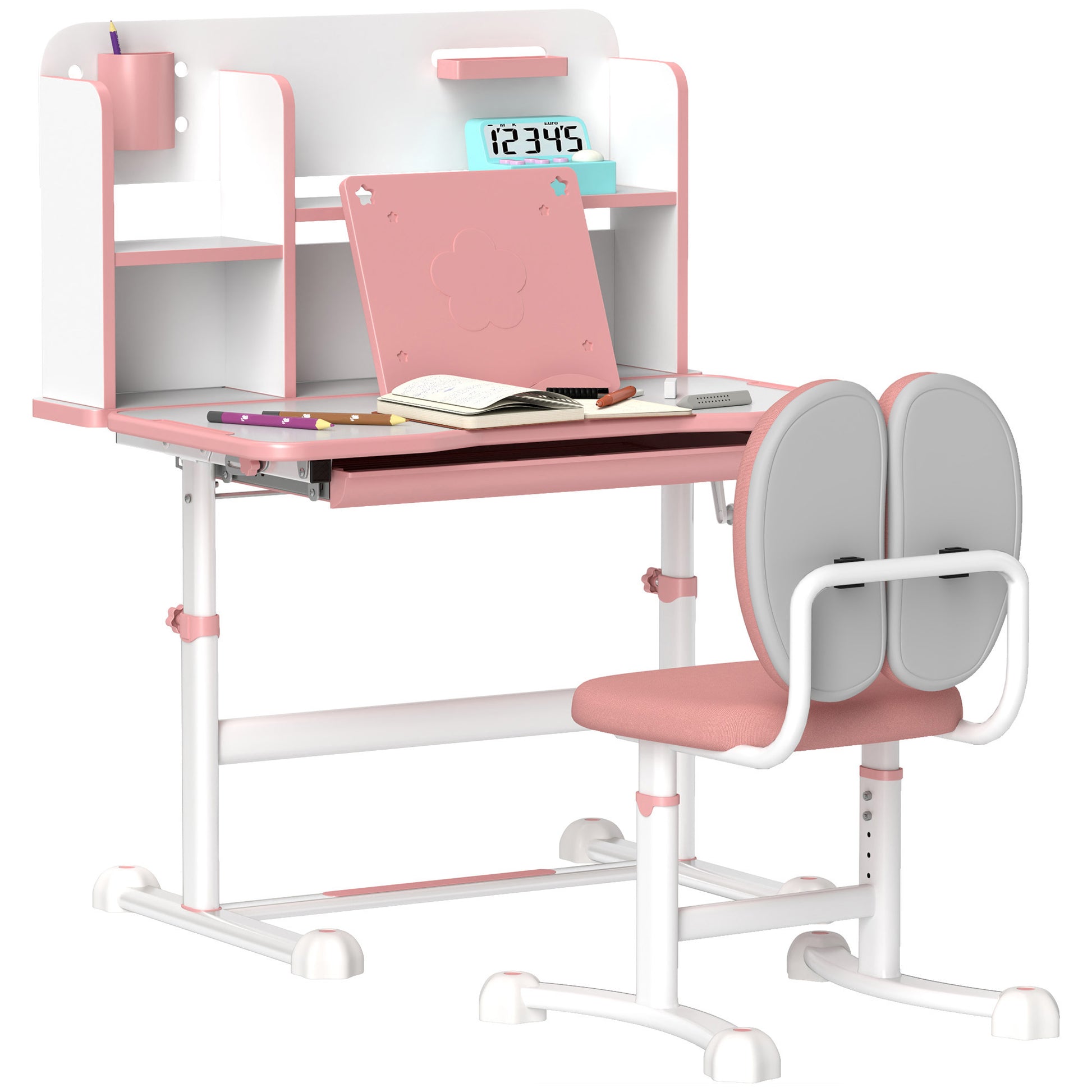 Qaba Kids Desk And Chair Set, Height Adjustable Kids School Study Desk And Chair Set With Tilt Desktop, Storage Drawer And Reading Rack For Writing, Reading And Drawing, Pink Pink Mdf