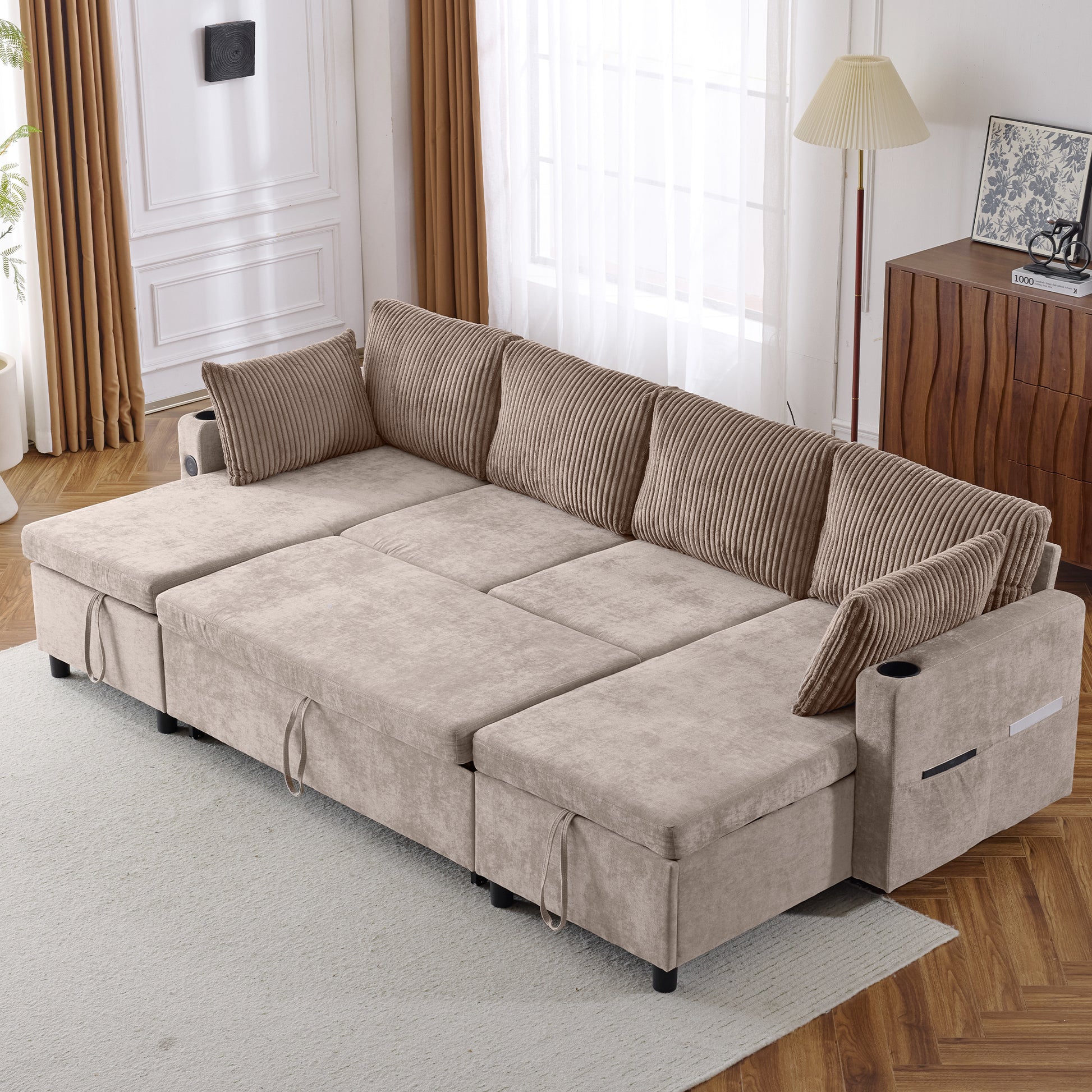 111.8" Sectional Sofa Pull Out Sofa Bed Versatile Sofa Sleeper With Large Storage Space, Two Usb Ports And Two Cup Holders For Living Room, Brown Brown Foam Chenille 4 Seat