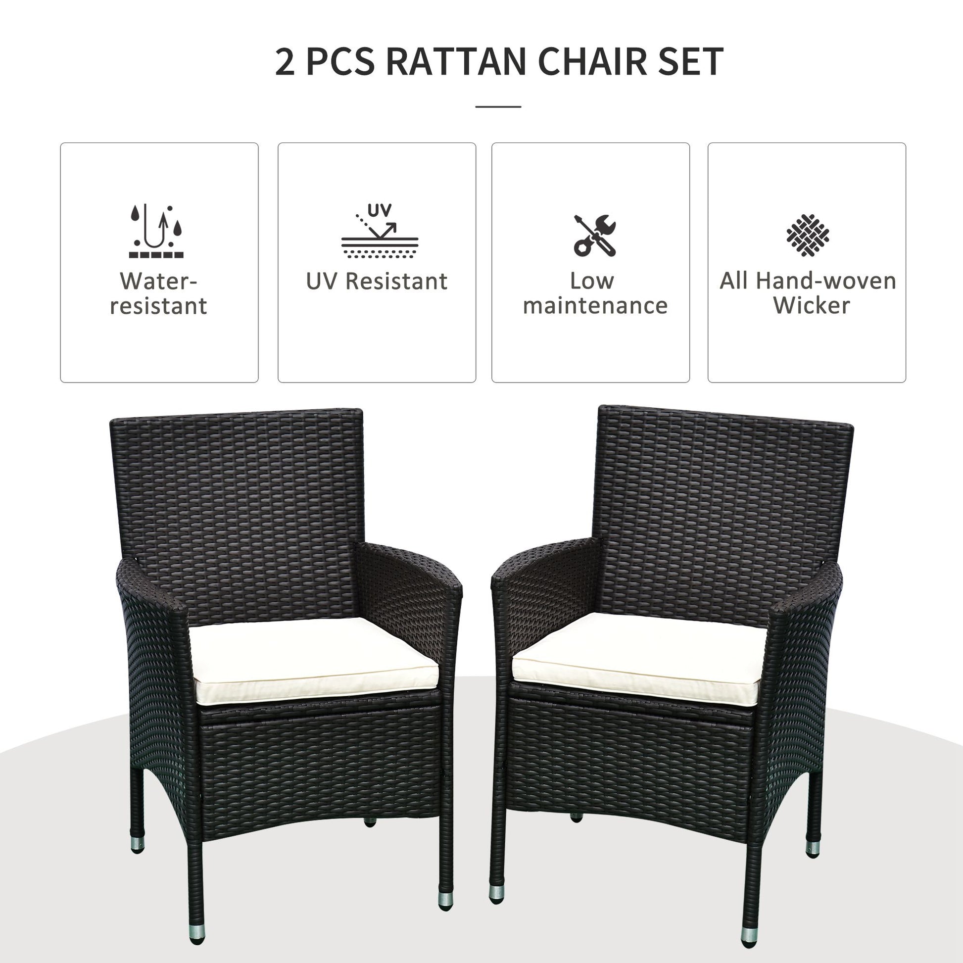 Outsunny 2 Pcs Rattan Wicker Dining Chairs With Cushions And Anti Slip Foot, Patio Stackable Chairs Set For Backyard, Garden, Lawn, Dark Coffee Black Rattan Metal