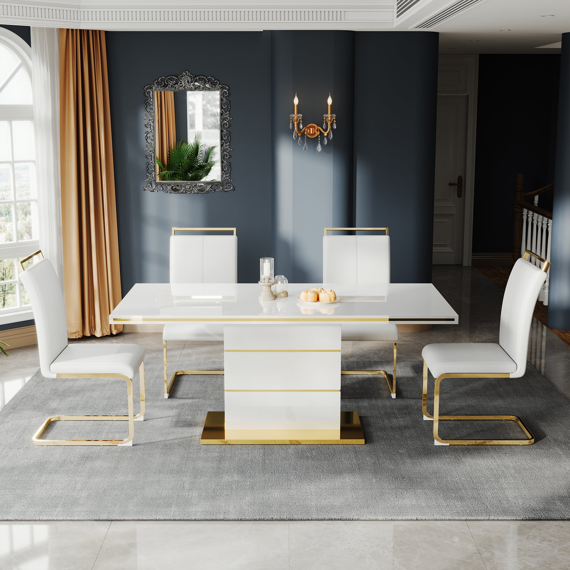 High Gloss Mdf Top Dining Table With Gold Finish Stainless Steel Base