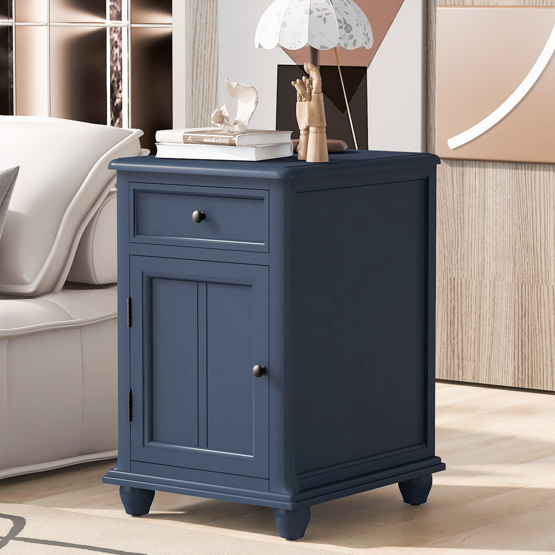 End Table With Solid Wood Legs, Side Table With Usb Ports, 1 Storage Cabinet And 1 Drawer For Living Room, Antique Navy Antique Navy Solid Wood Mdf