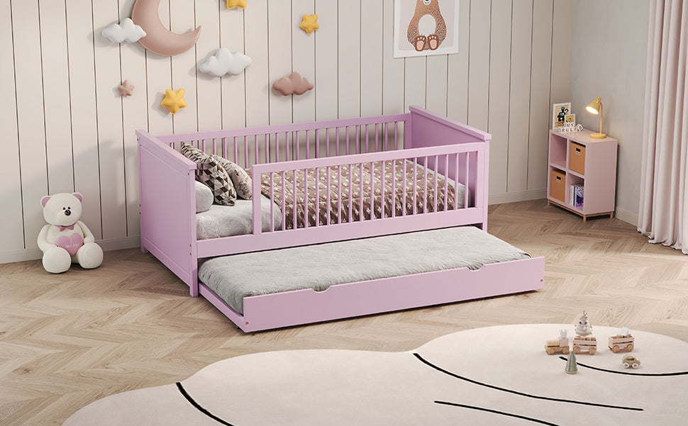 Wood Twin Size Platform Bed With Guardrail And Trundle, Pink Box Spring Not Required Twin Pink Wood Bed Frame Solid Wood Mdf