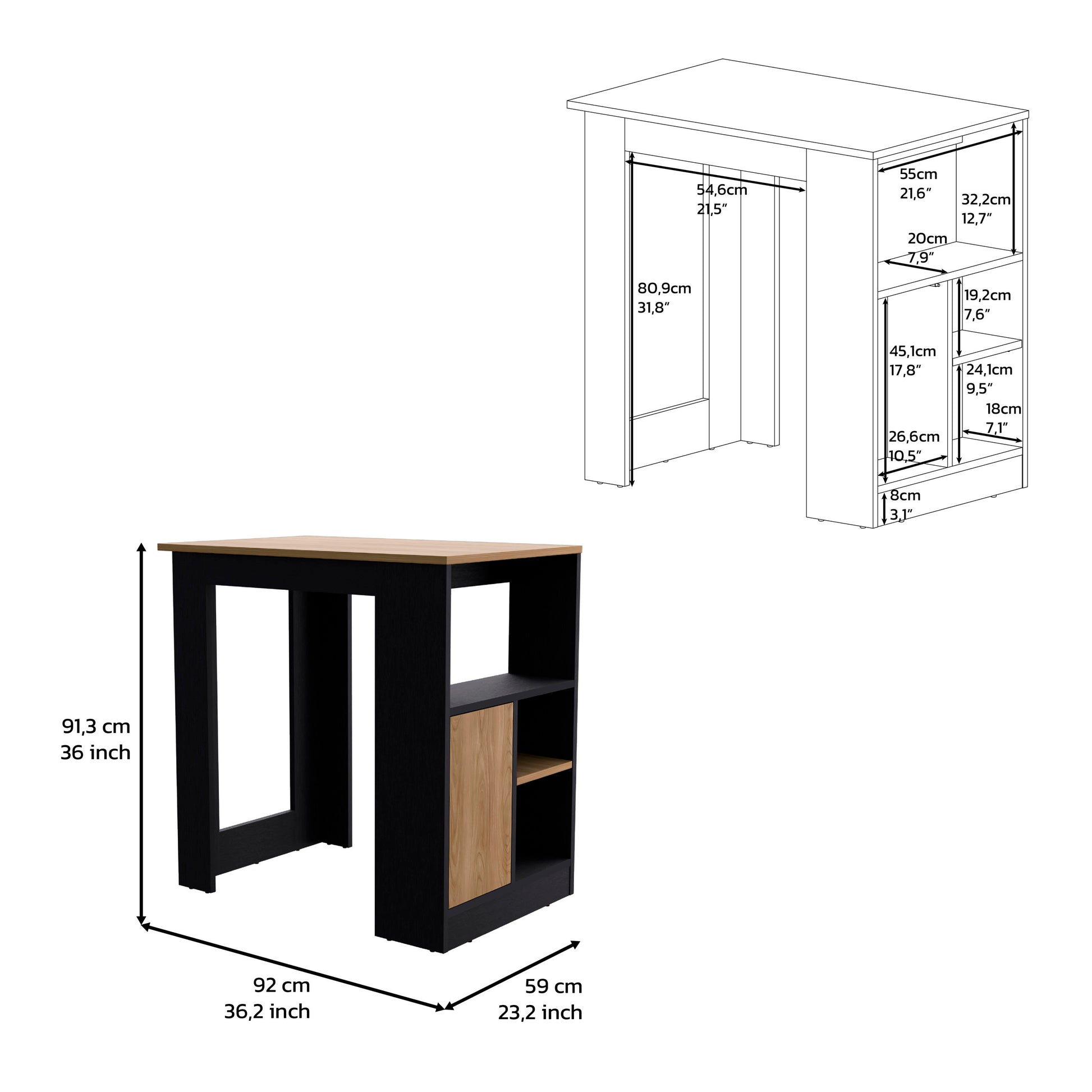 Kitchen Island 36" H, Three Open Side Storage Shelves And One Push To Open Cabinet, Black Natural Oak Multicolor Solid Wood Mdf Engineered Wood