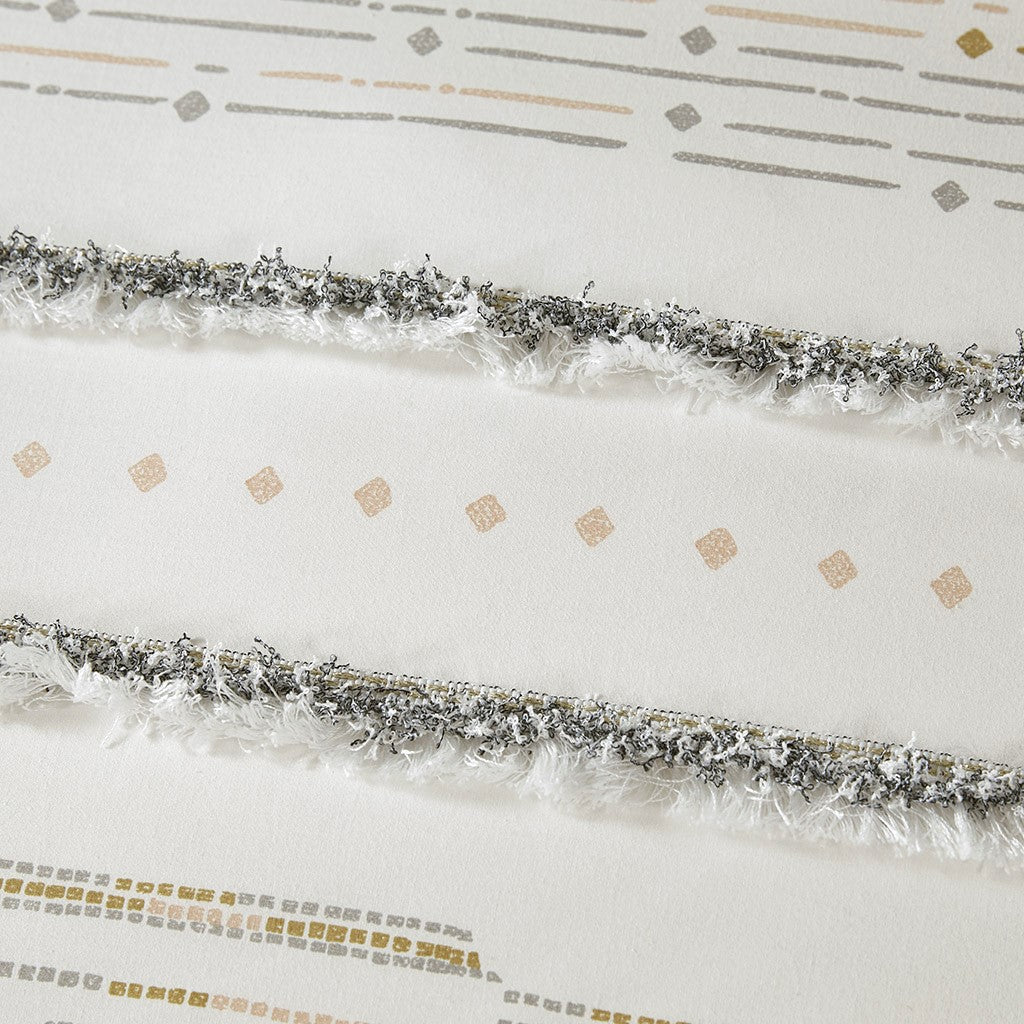 Cotton Printed Comforter Set With Trims Off White Gray Full Queen Queen Off White Gray Cotton