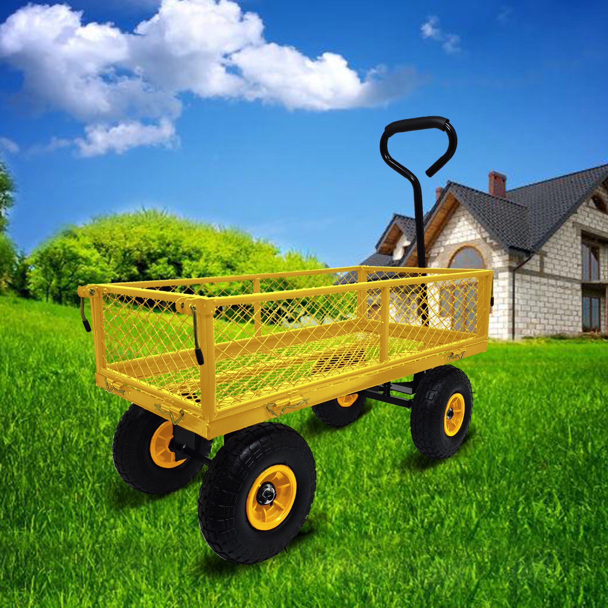 3 Cu. Ft. 300 Lbs. Capacity Removable Sides Metal Steel Mesh Heavy Duty Utility Wagon Outdoor Garden Cart In Yellow Yellow Steel