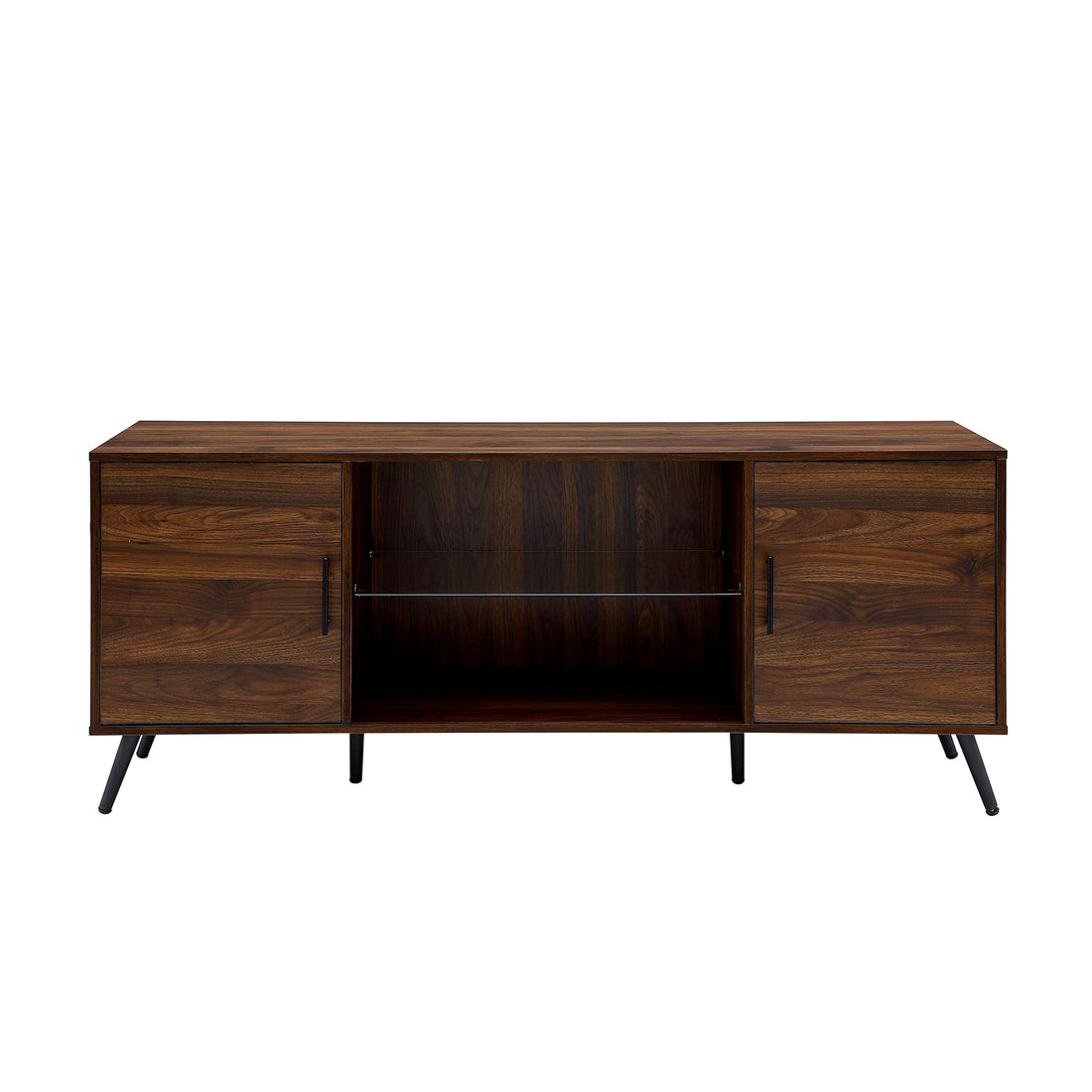 Mid Century Modern 2 Door 60" Tv Stand For 65" Tvs With Glass Shelf Dark Walnut Dark Brown Mdf