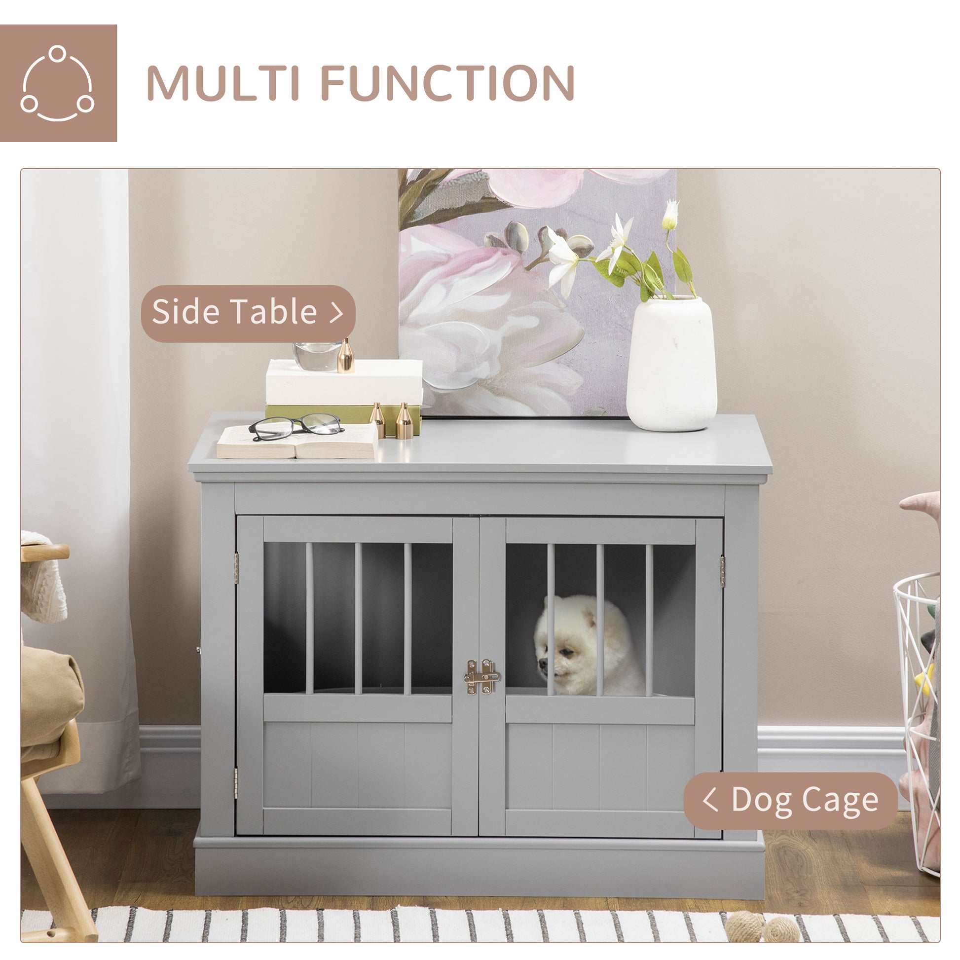 Pawhut Dog Crate End Table With Triple Doors, Wooden Dog Crate Furniture Indoor Use, Puppy Crate With And Steel Tubes, For Small Dogs, Pewter Gray Dark Gray Mdf