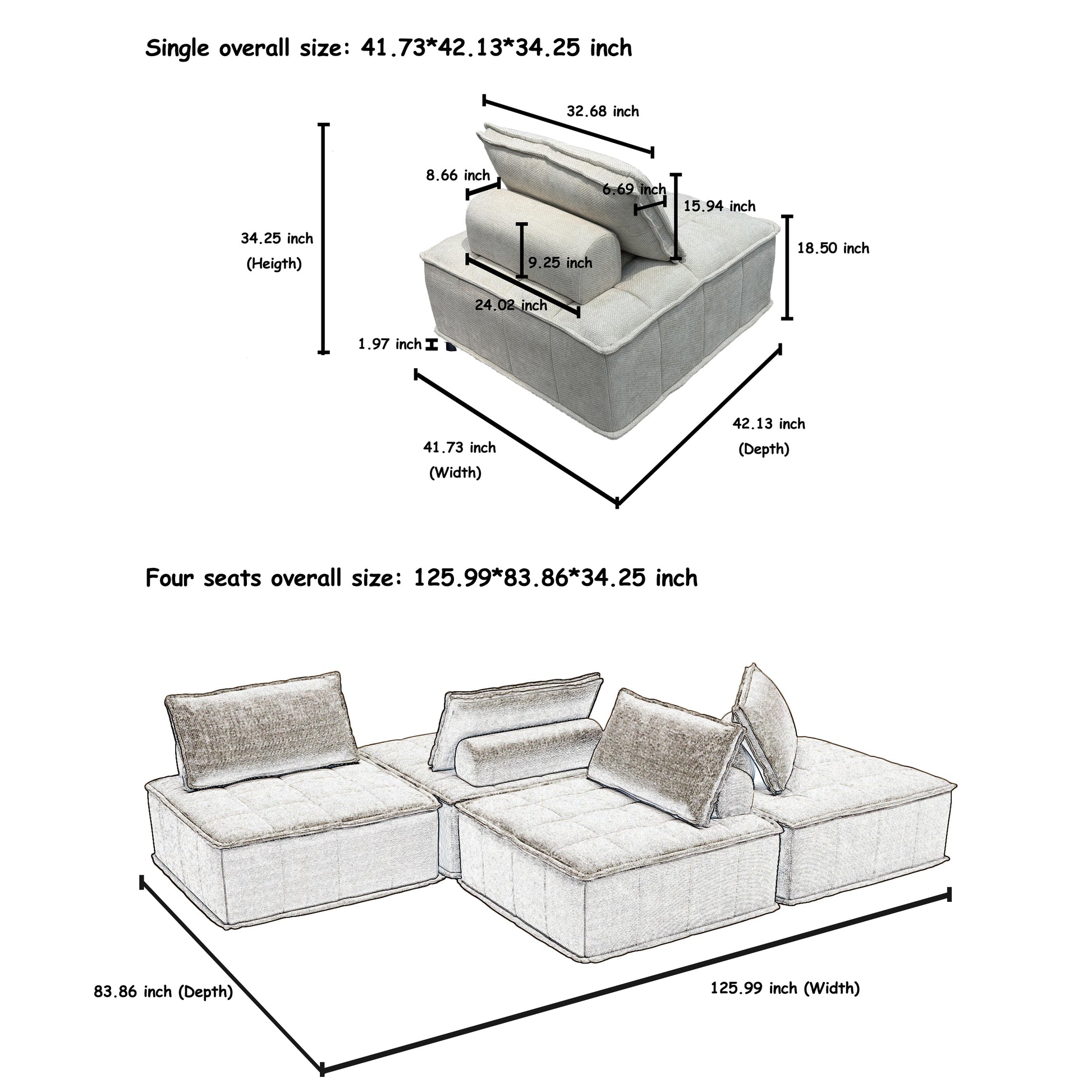 Oversized 4 Module Square Sofa Comfortable And Movable Modular Design For Ultimate Flexibility Beige Color Chenille Sofa 4Pieces Beige Chenille 4 Seat