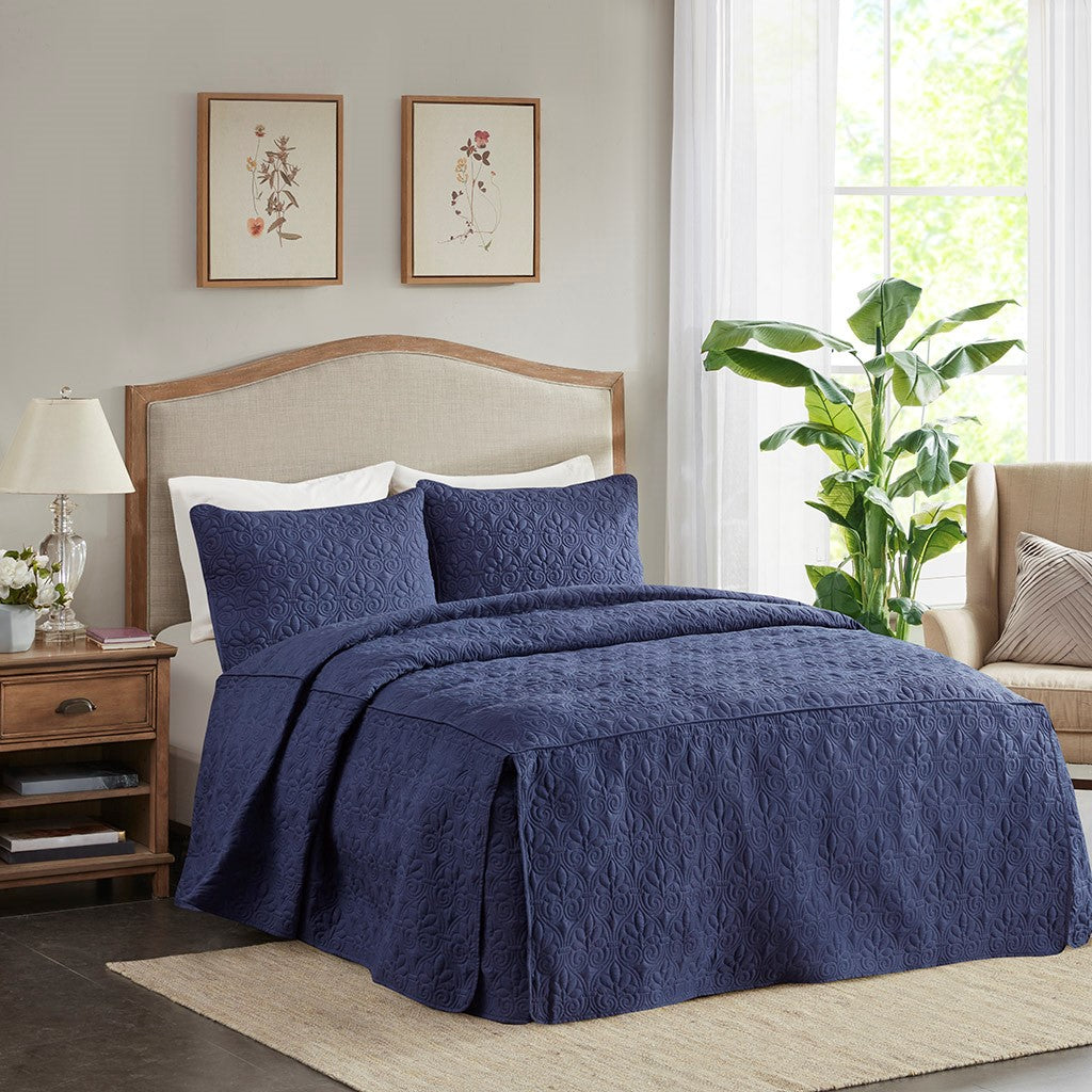 3 Piece Split Corner Pleated Quilted Bedspread Navy Queen Navy Polyester