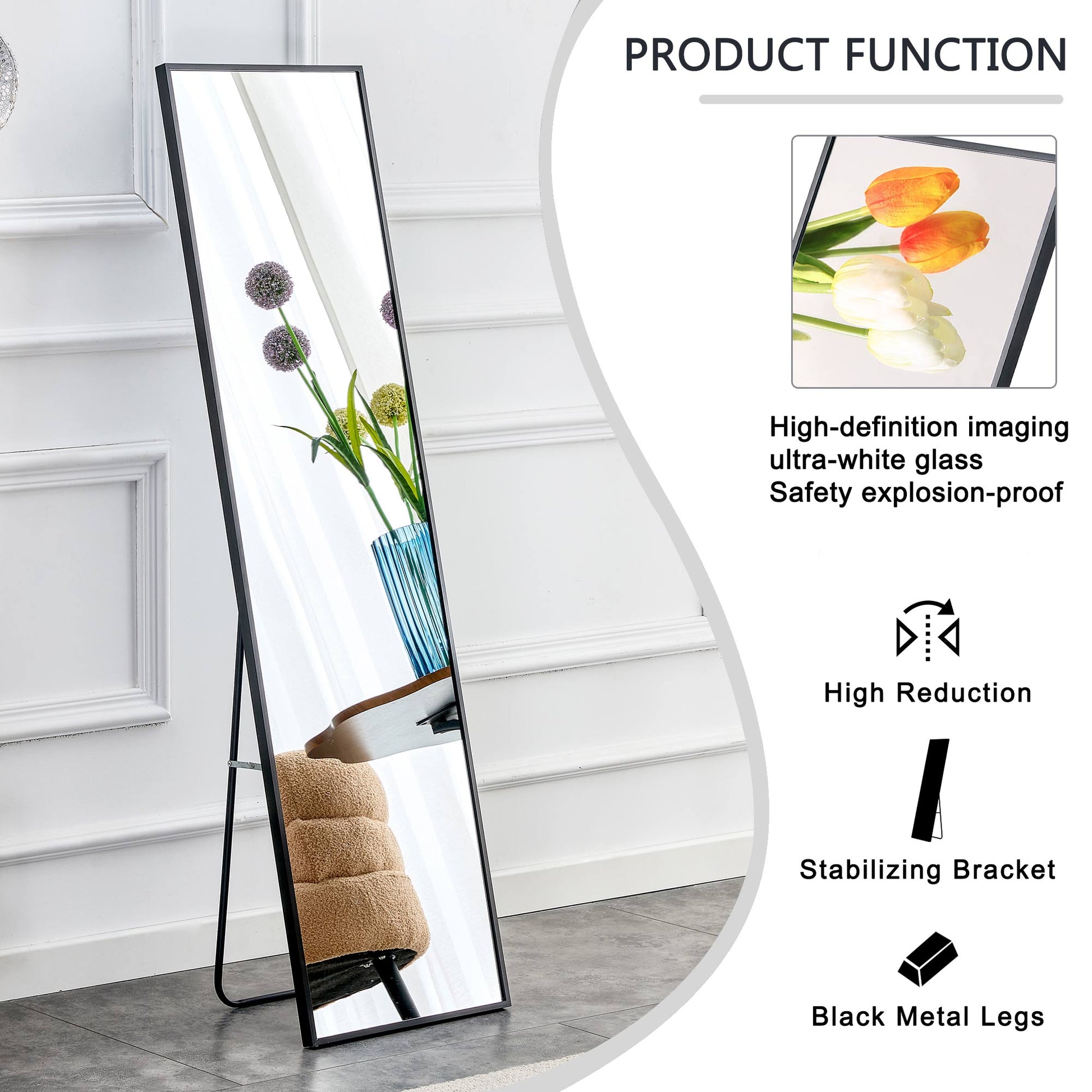 4Th Generation Aluminum Alloy Metal Frame Full Body Mirror, Quality Upgrade, Bathroom Makeup Mirror, Bedroom Entrance, Floor Mirror, 59 "* 15.7" W151124219 Transparent Glass