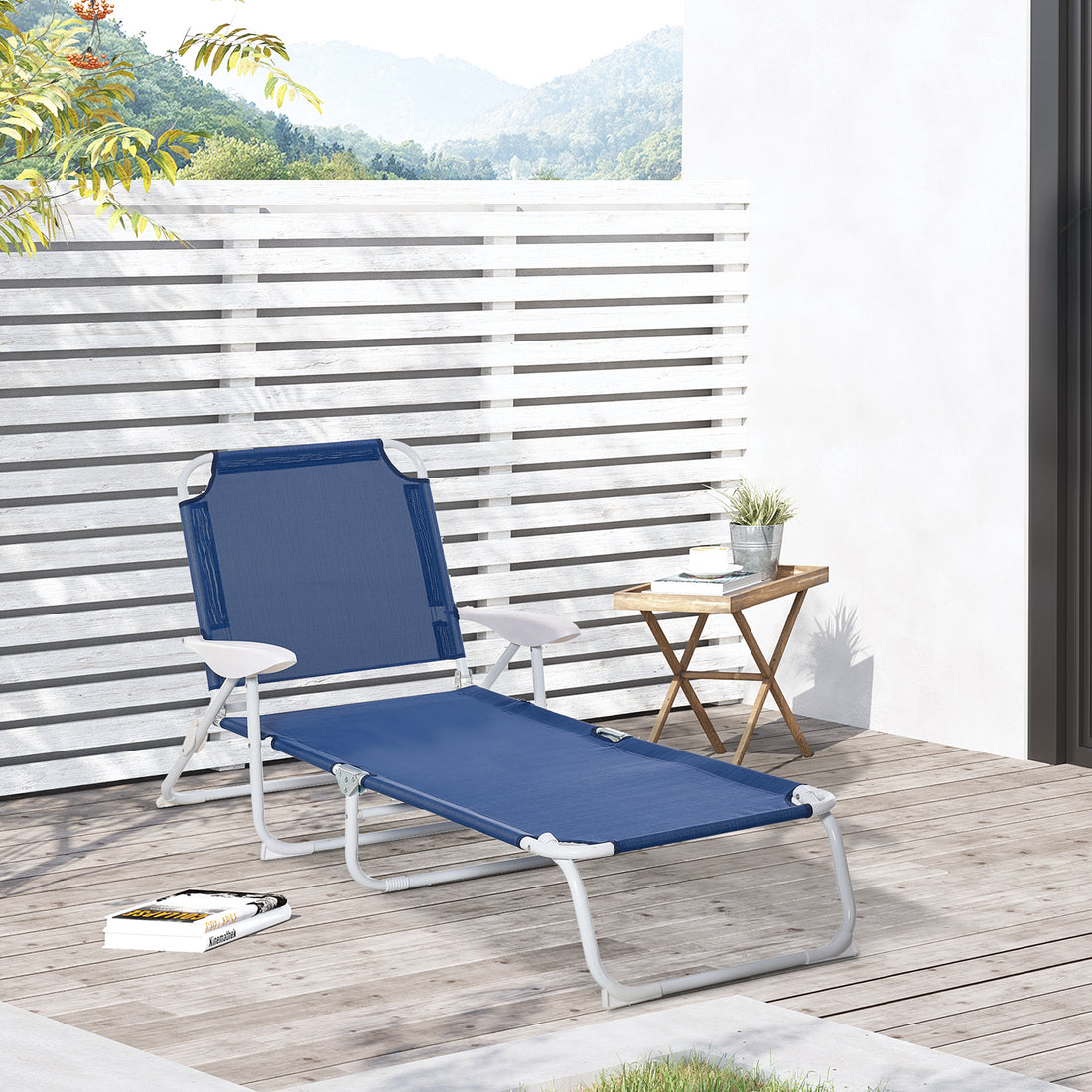 Outsunny Folding Chaise Lounge, Outdoor Sun Tanning Chair, 4 Position Reclining Back, Armrests, Metal Frame And Mesh Fabric For Beach, Yard, Patio, Blue Blue Metal