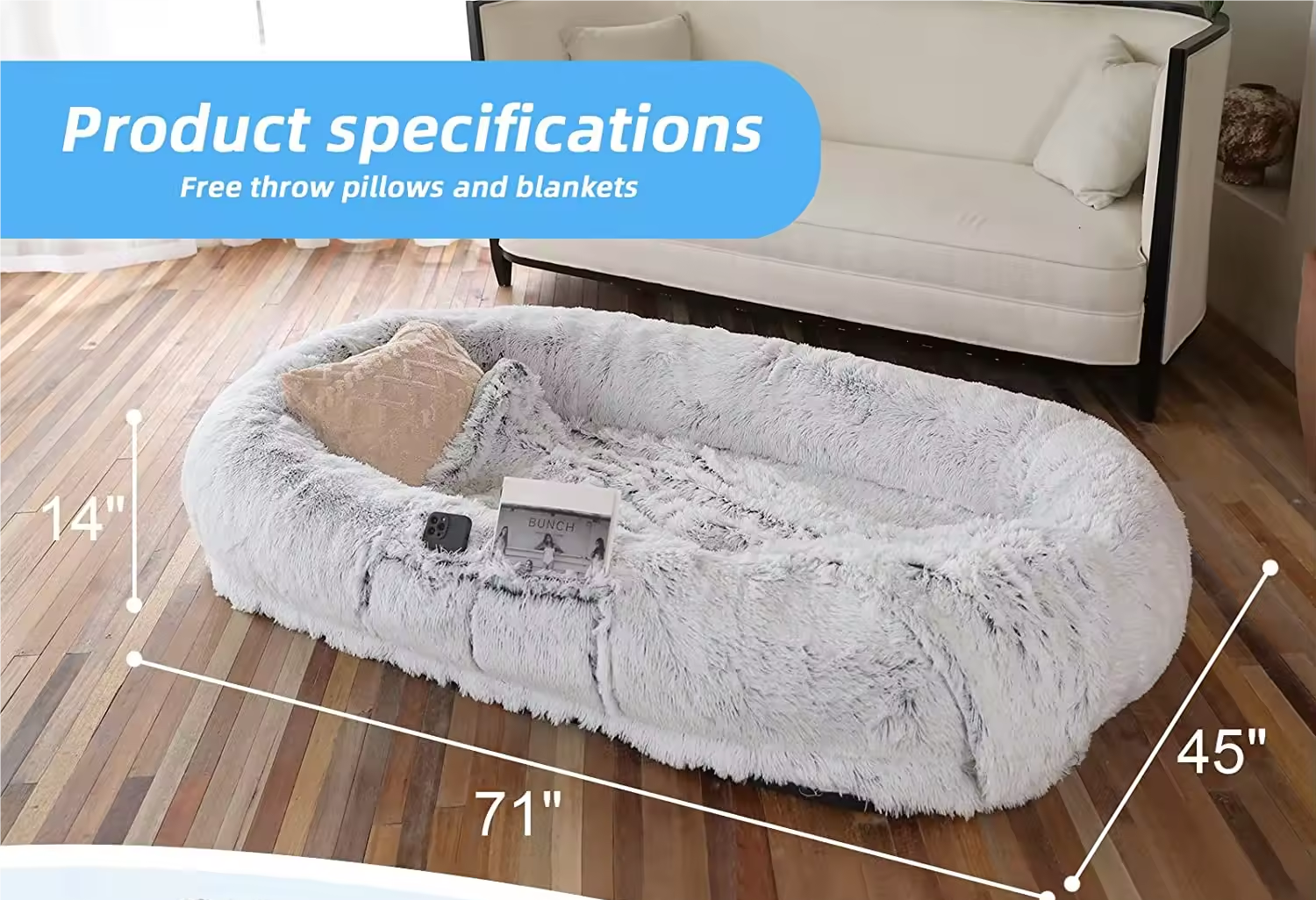 Human Dog Bed, 71''X40''X12'' Size Fits You And Pets, Washable Faux Fur Dog Bed For People Doze Off, Napping Orthopedic Dog Bed Grey Gray Faux Fur