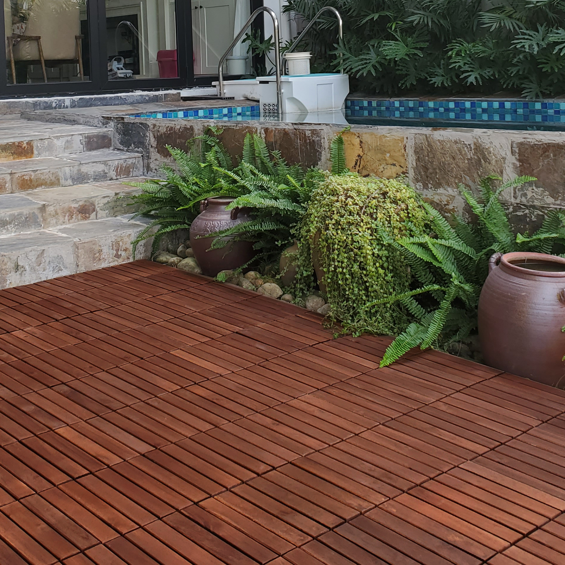 10 Pcs Interlocking Deck Tiles Striped Pattern, 12" X 12" Square Acacia Hardwood Outdoor Flooring For Patio, Bancony, Pool Side,.. Brown Garden & Outdoor American Design,American Traditional,Antique Solid Wood