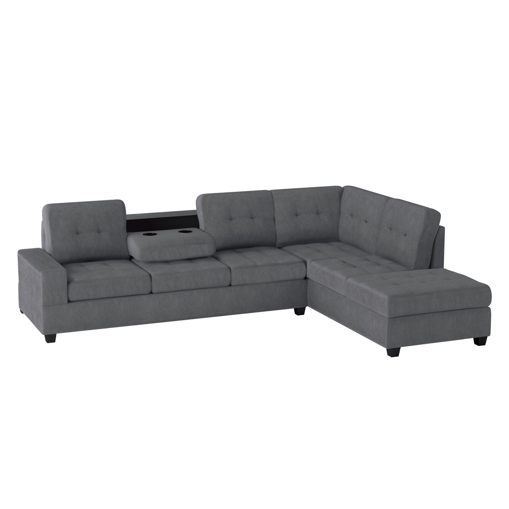 Modern Living Room 3 Piece Sectional Reversible Sofa Chaise Storage Ottoman Tufted Detail Dark Gray Microfiber Upholstered Drop Down Cup Holder Solid Wood Frame Furniture Dark Gray Microfiber Wood Primary Living Space Modern L Shaped Solid Wood 4 Seat