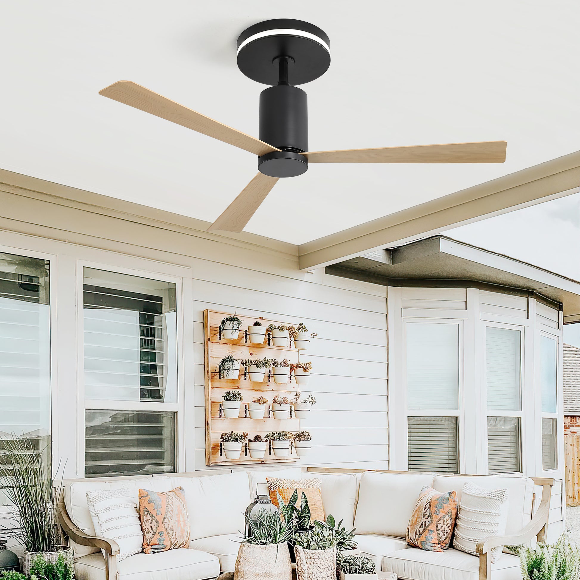 52 Inch Modern Flush Mount Ceiling Fan With Led Light And Remote Control, 3 Abs Blades Noiseless Reversible Dc Motor For Patio Living Room Black Abs