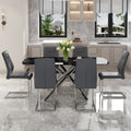 Table And Chair Set.Table And Chair Set.Modern Luxurious Black Marble Patterned Tempered Glass Dining Table With 6 Dark Gray Pu Chairs.Multiple High Quality Pu Dining Chairs With Silver Legs. Dark