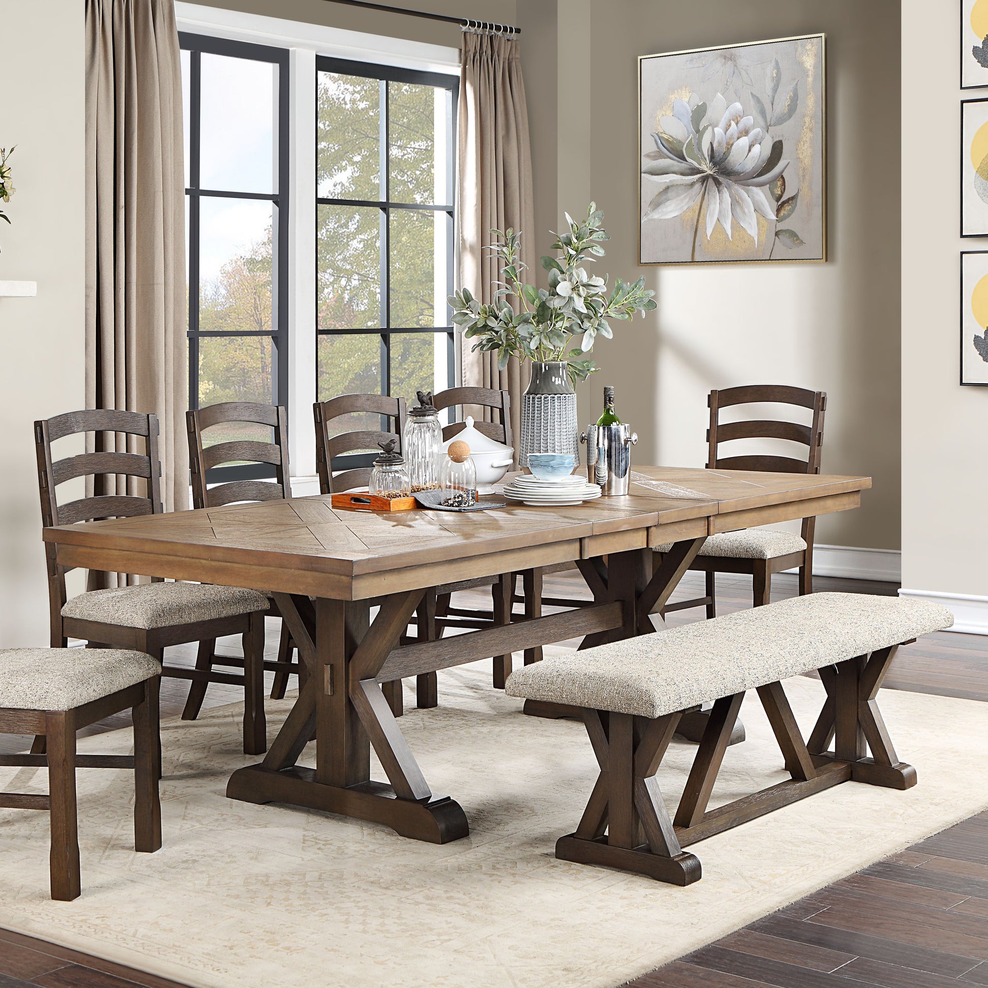 Grey And Rustic Brown Bench With Upholstered Seat Grey,Rustic Brown Dining Room Wood Fabric